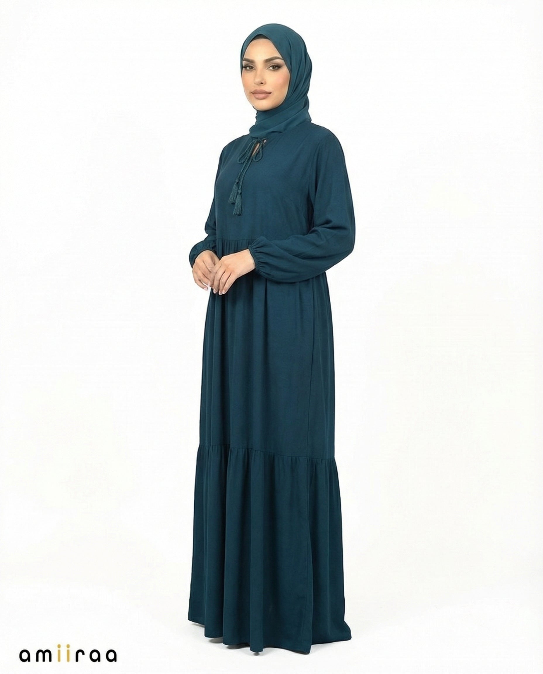 Moroccan Blue Viscose Tassel Tie Tiered Dress