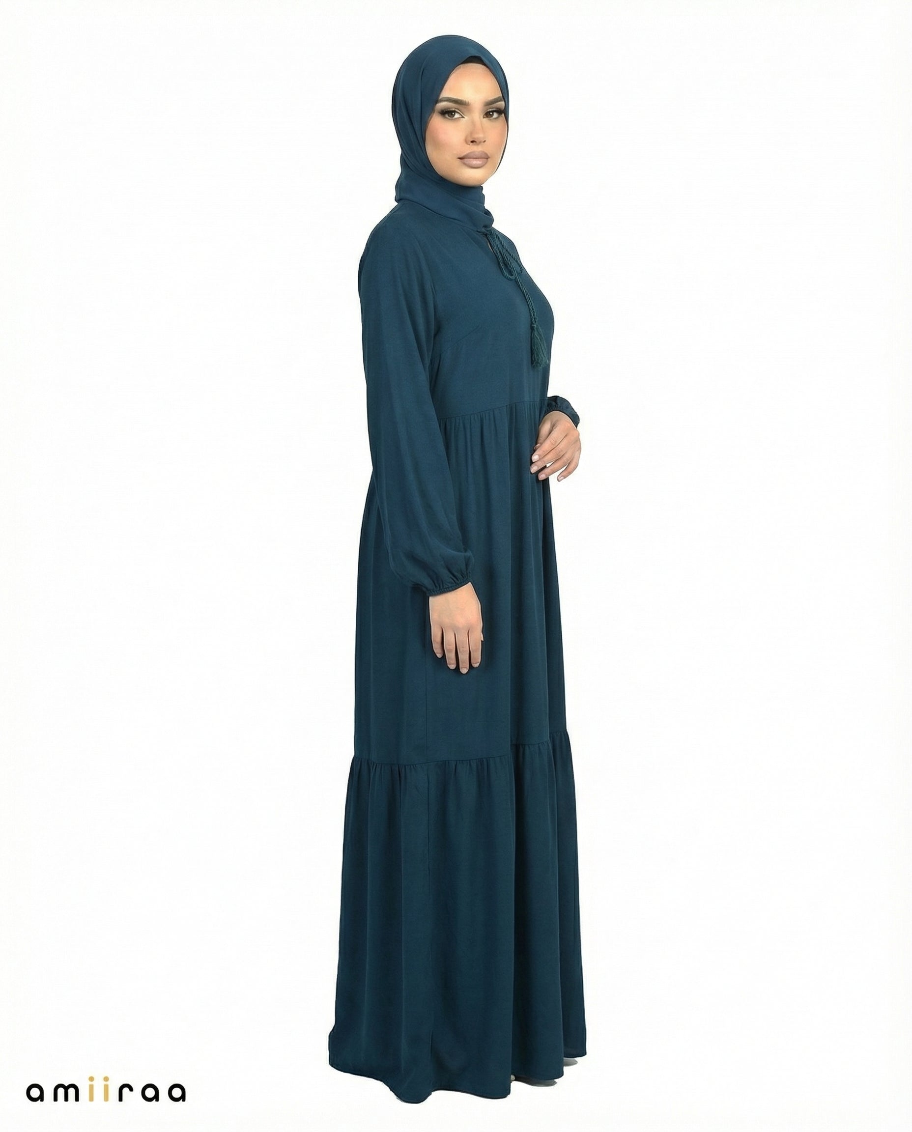 Moroccan Blue Viscose Tassel Tie Tiered Dress