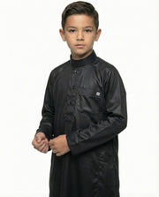 Jet Black Emirati Button Collar Thobe with Metal Pocket Badge