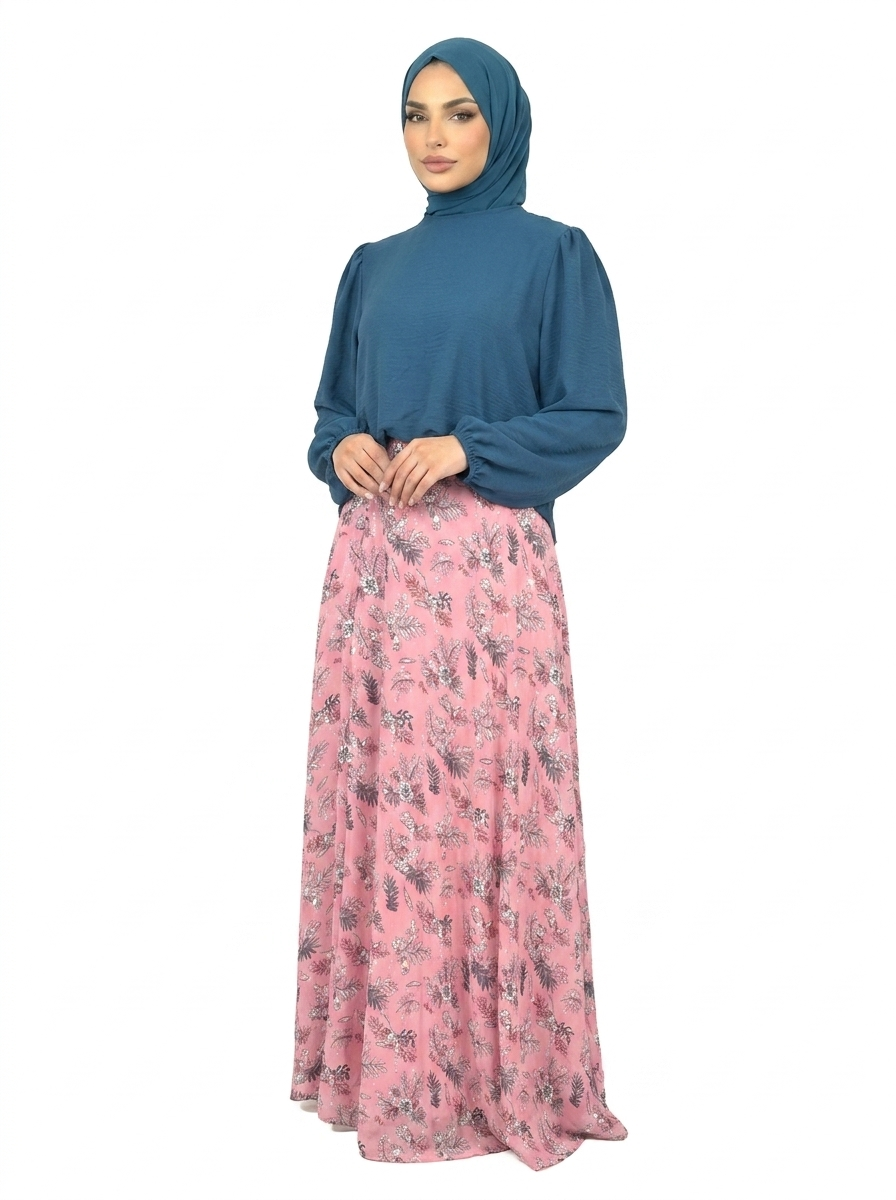 Wild Rose Elegant Floral Maxi Skirt & Puff Sleeve Top Set