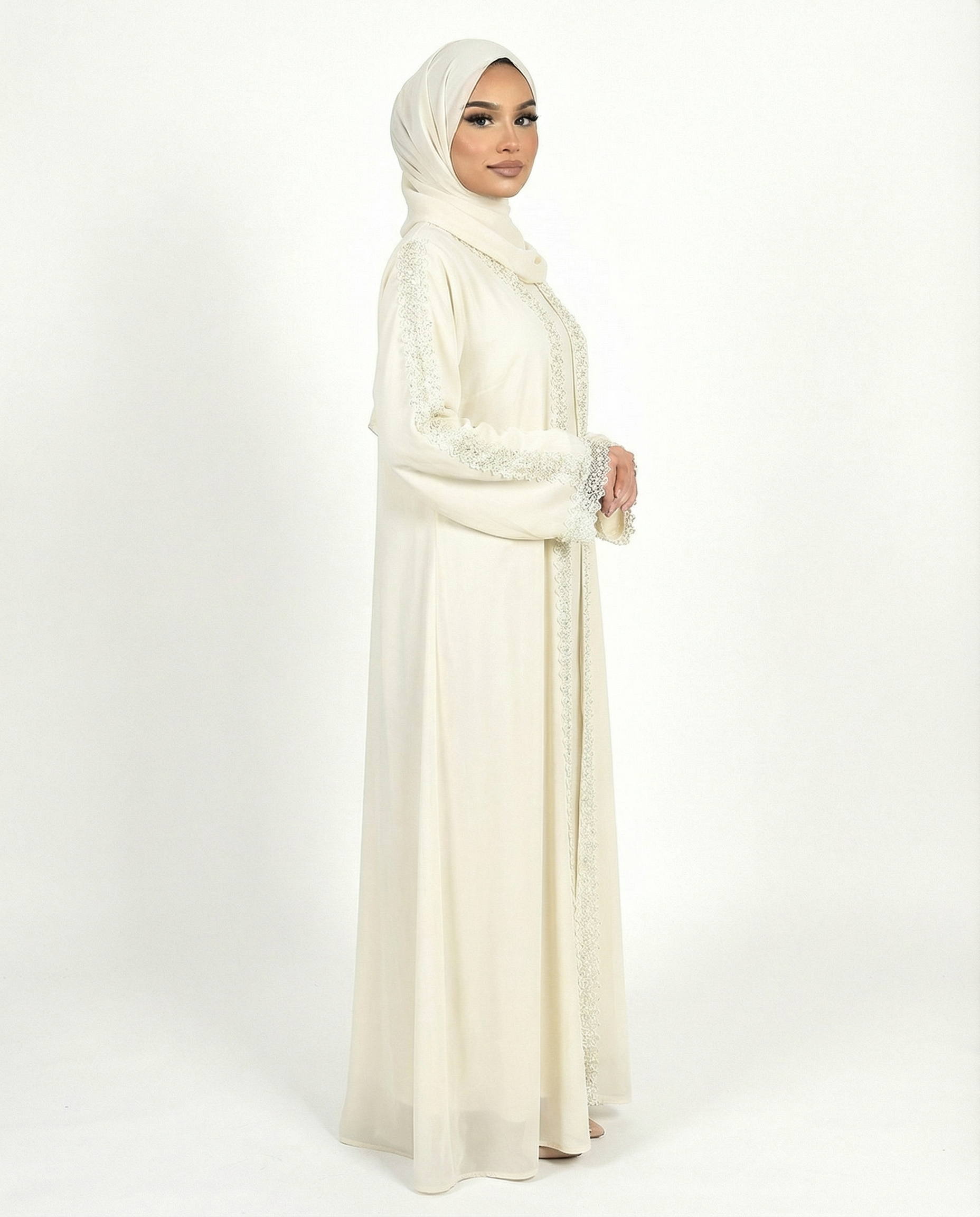 Lace Detailed 3 Piece Modest Chiffon Abaya Set - Sea foam