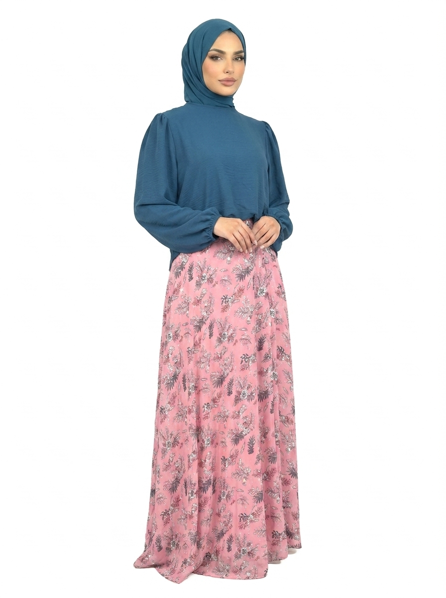 Wild Rose Elegant Floral Maxi Skirt & Puff Sleeve Top Set