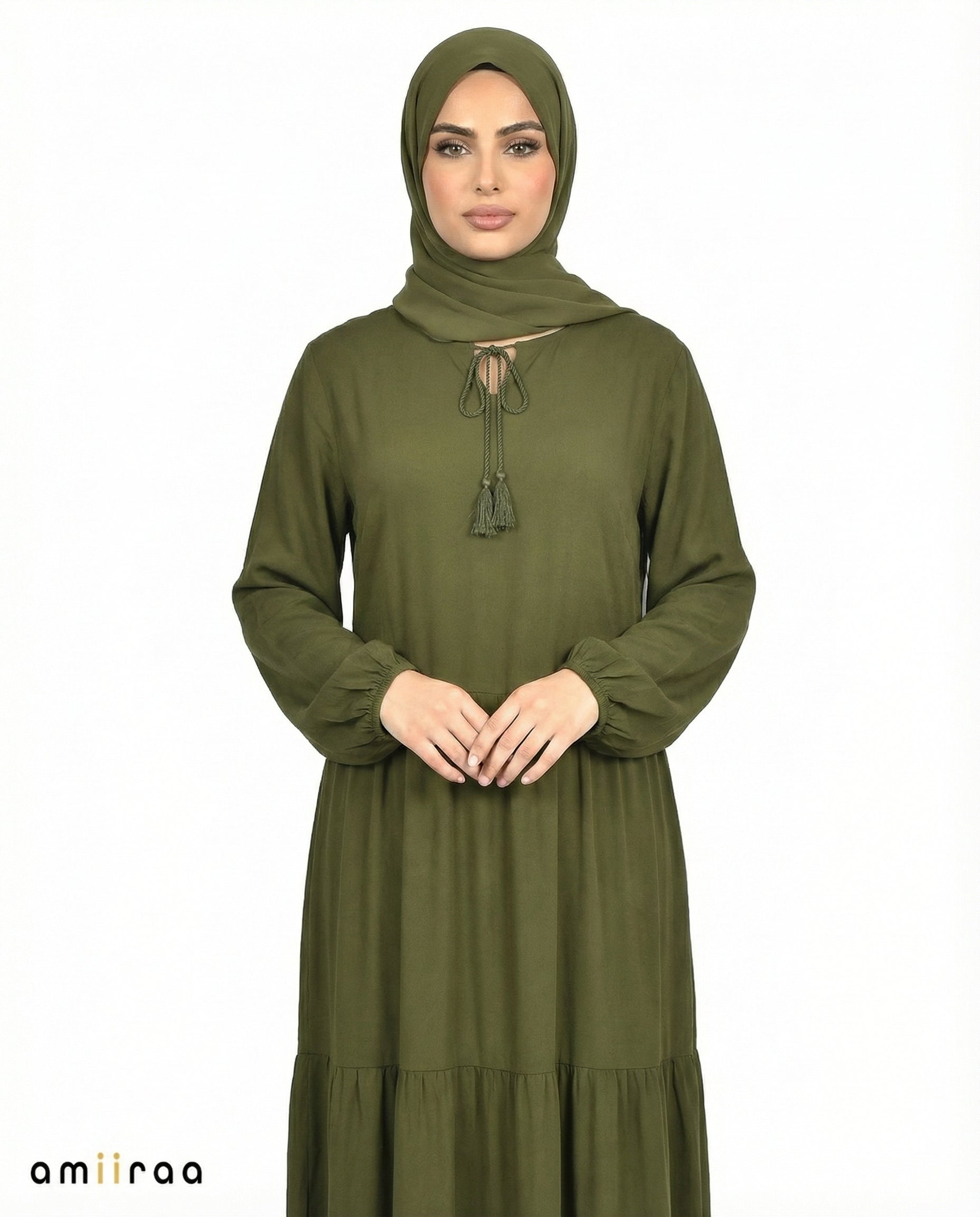 Capulet Olive Viscose Tassel Tie Tiered Dress