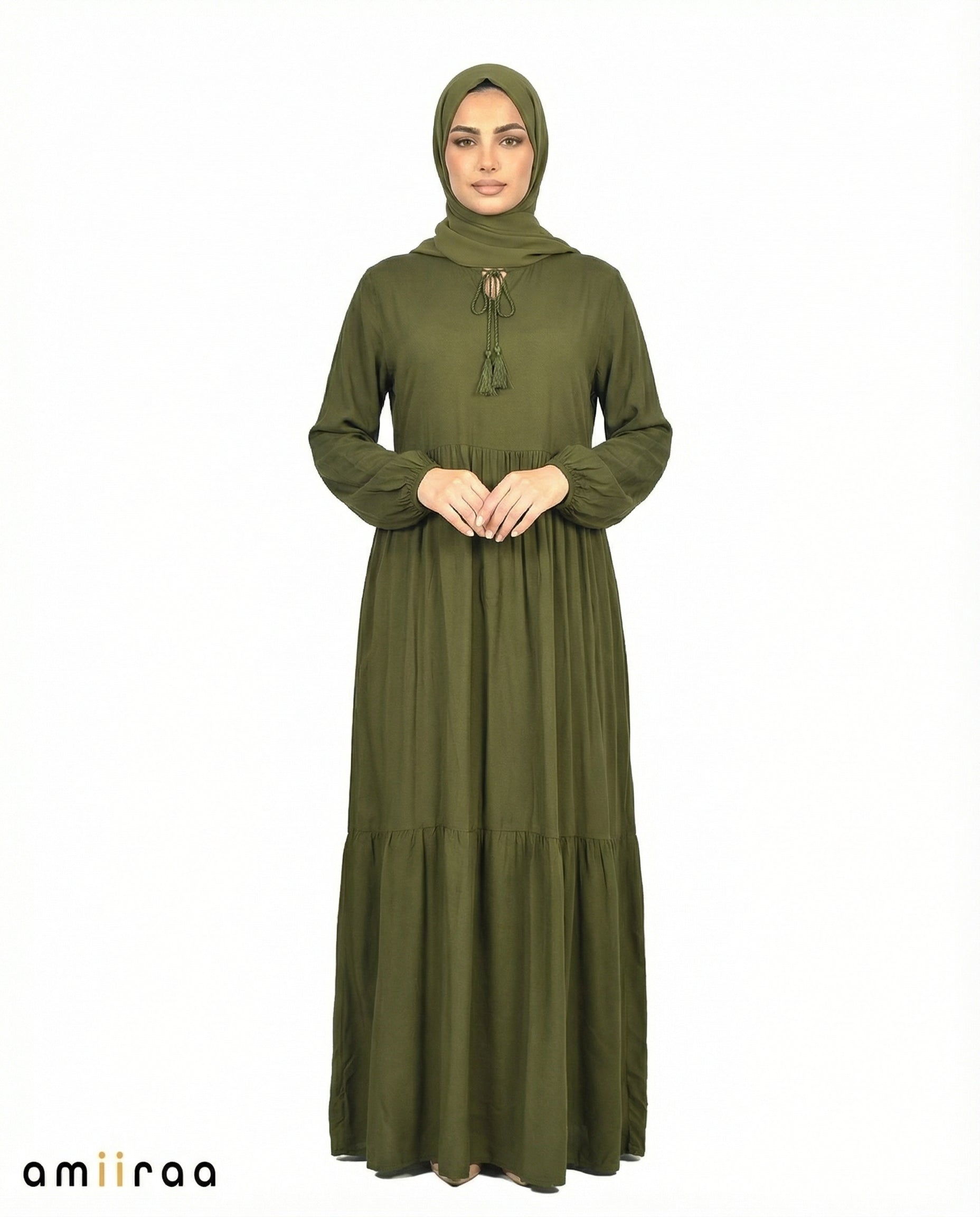 Capulet Olive Viscose Tassel Tie Tiered Dress