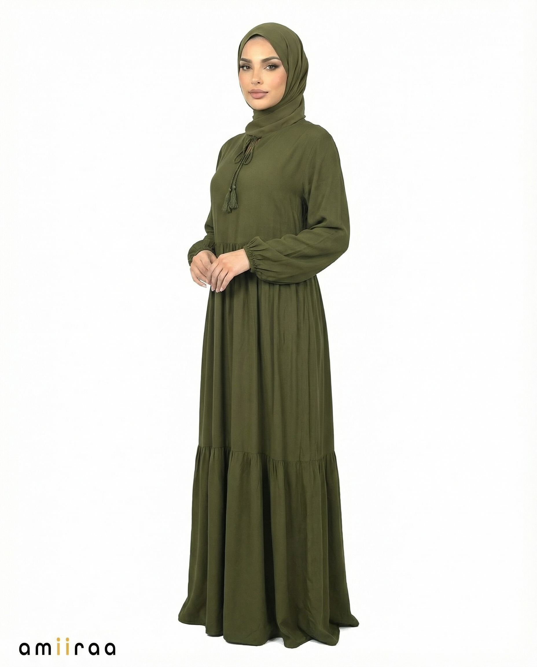 Capulet Olive Viscose Tassel Tie Tiered Dress