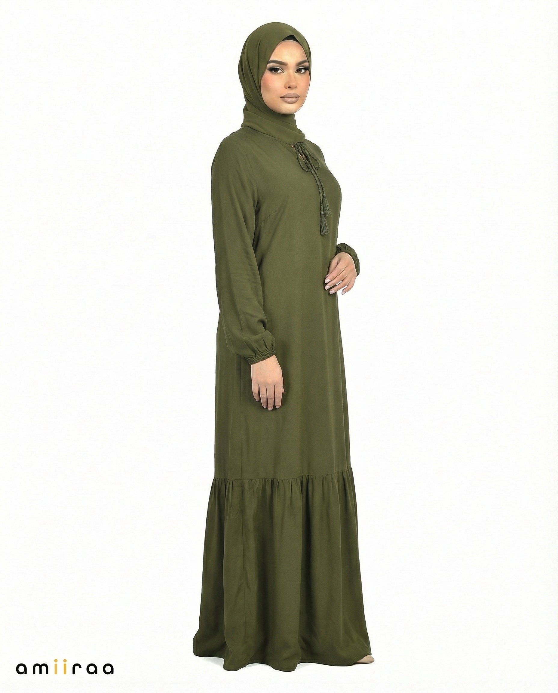 Capulet Olive Viscose Tassel Tie Tiered Dress