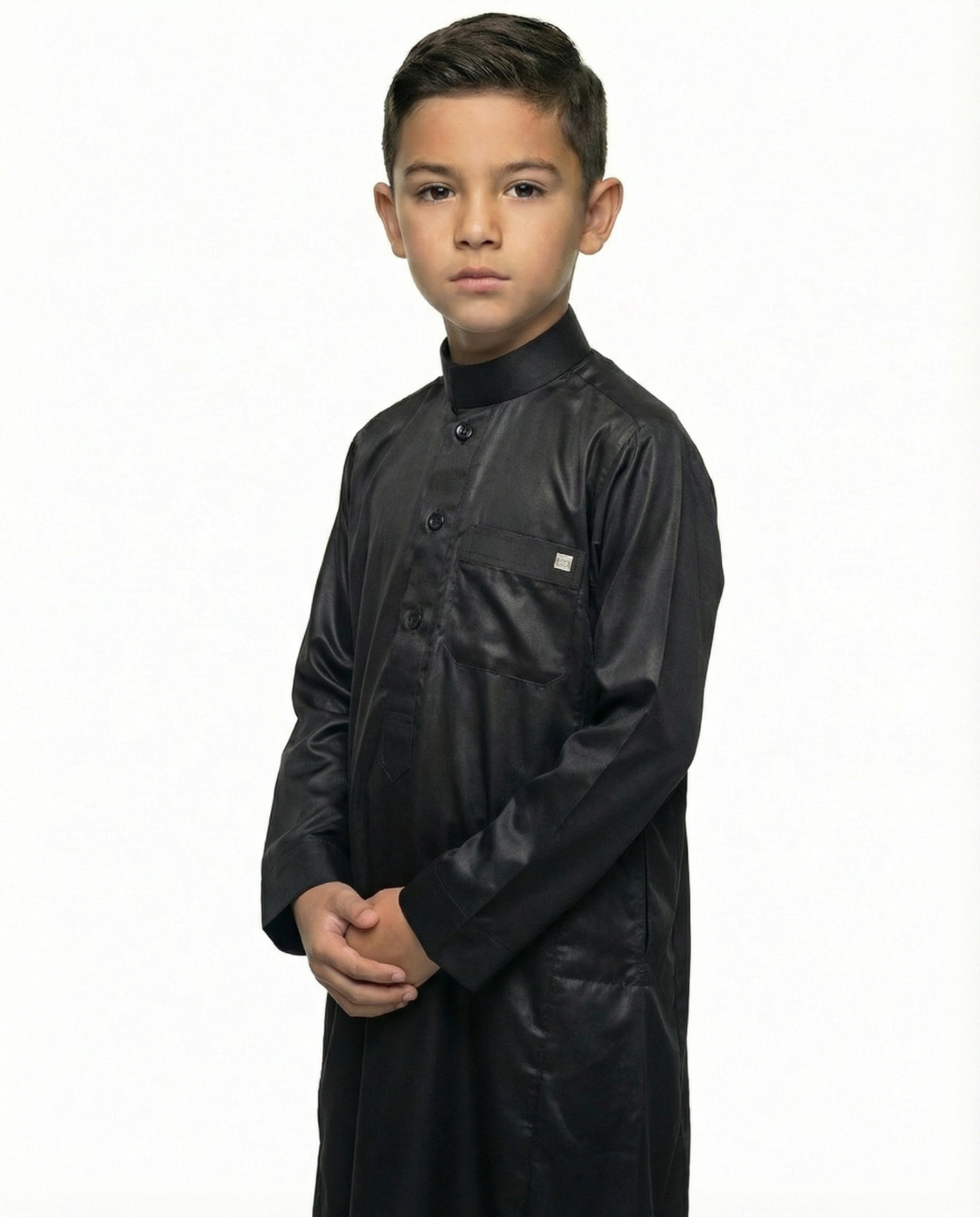 Jet Black Emirati Button Collar Thobe with Metal Pocket Badge