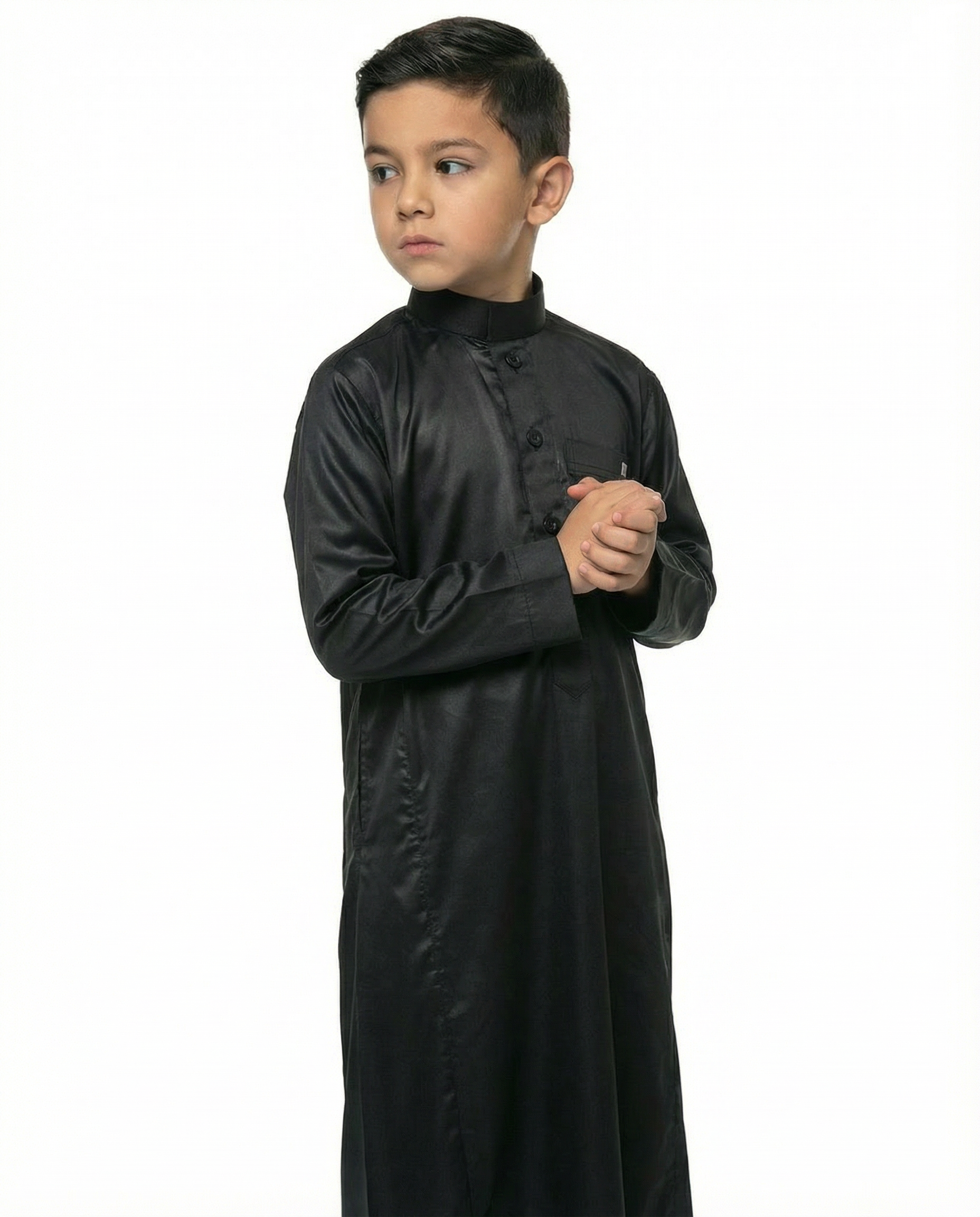 Jet Black Emirati Button Collar Thobe with Metal Pocket Badge