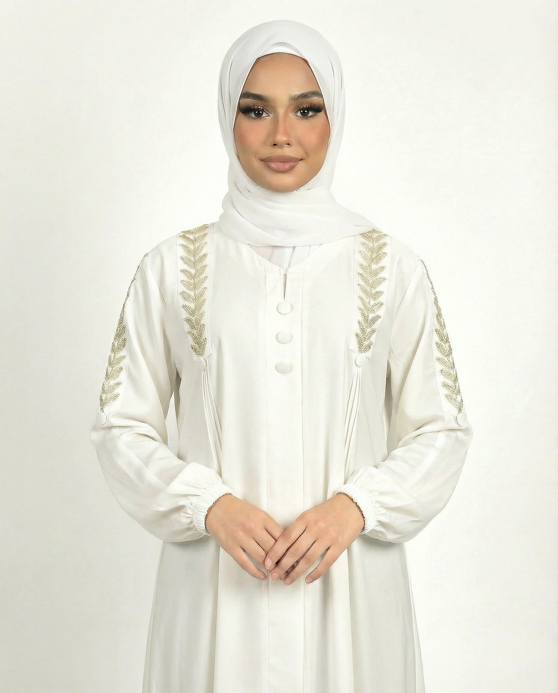 Button Detail Modest Abaya with Braided Trim - Rainy Day