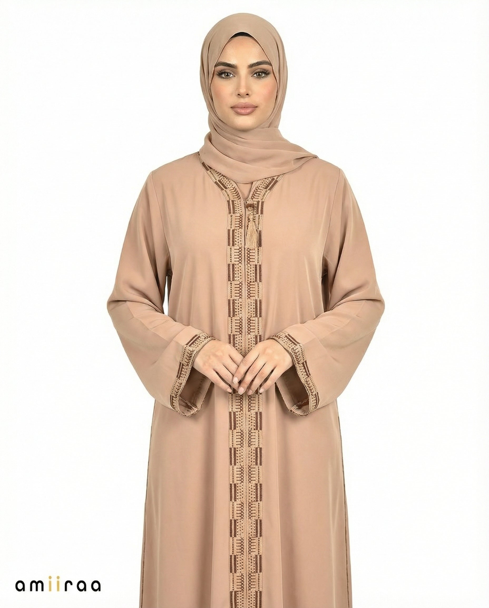 Desert Taupe Geometric Panel Tassel Abaya