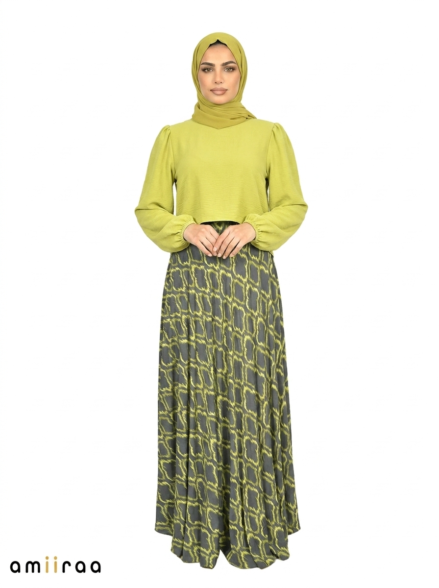 Bright Chartreuse Elegant Geometric Maxi Skirt & Puff Sleeve Top Set