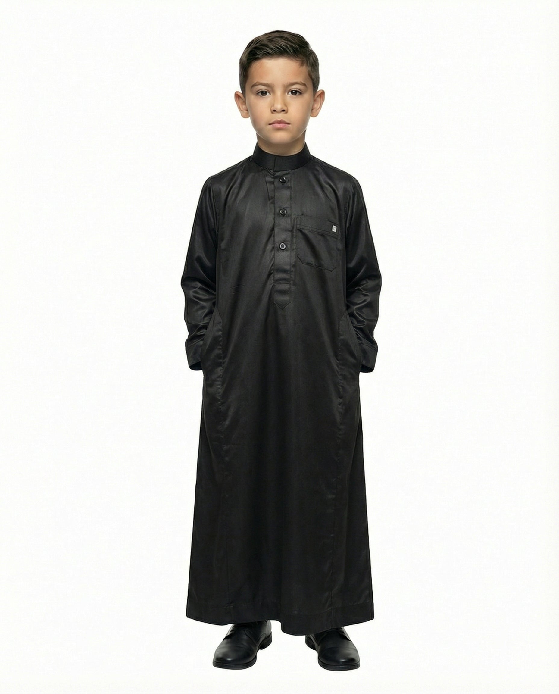 Jet Black Emirati Button Collar Thobe with Metal Pocket Badge