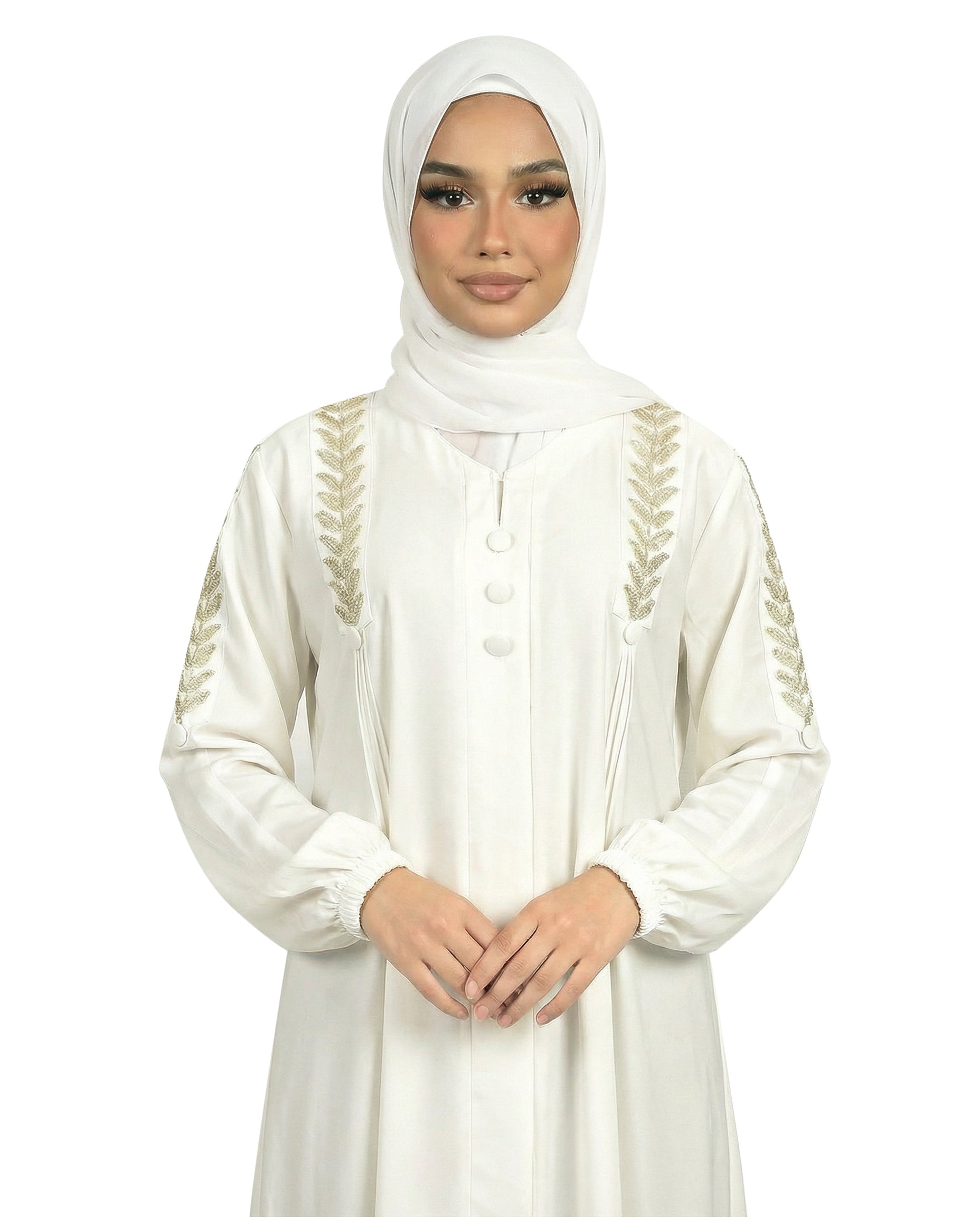 Button Detail Modest Abaya with Braided Trim - Rainy Day