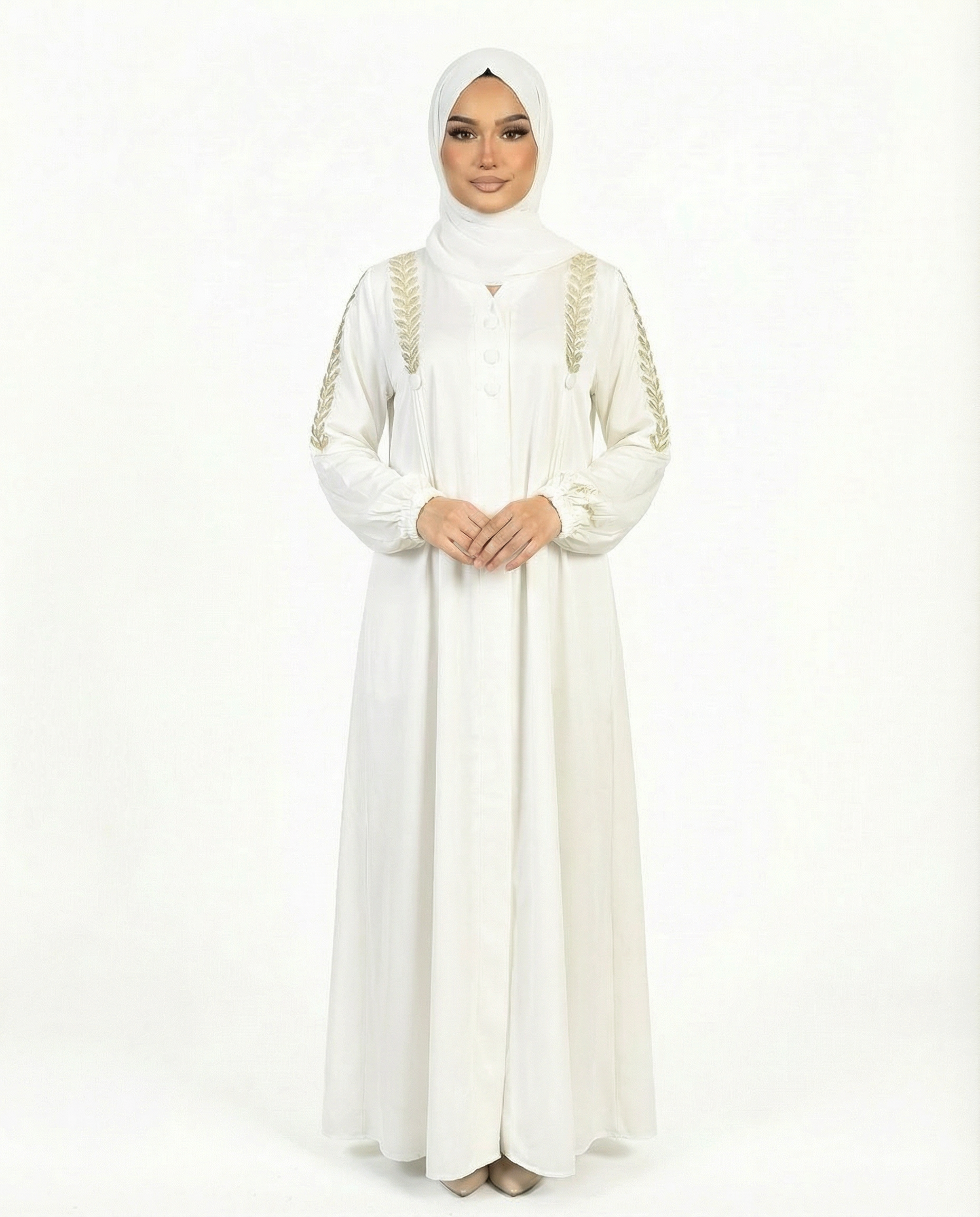 Button Detail Modest Abaya with Braided Trim - Rainy Day