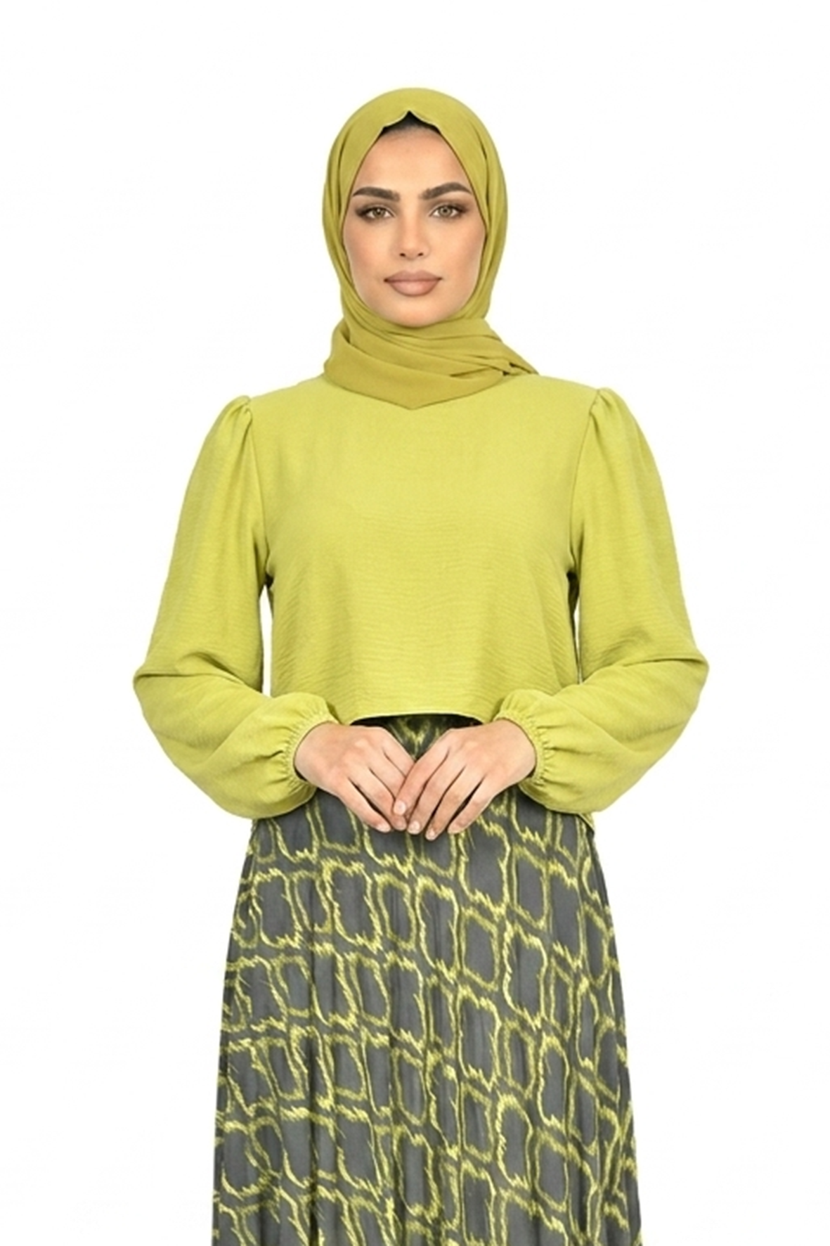 Bright Chartreuse Elegant Geometric Maxi Skirt & Puff Sleeve Top Set