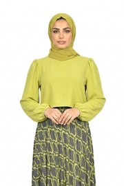 Bright Chartreuse Elegant Geometric Maxi Skirt & Puff Sleeve Top Set