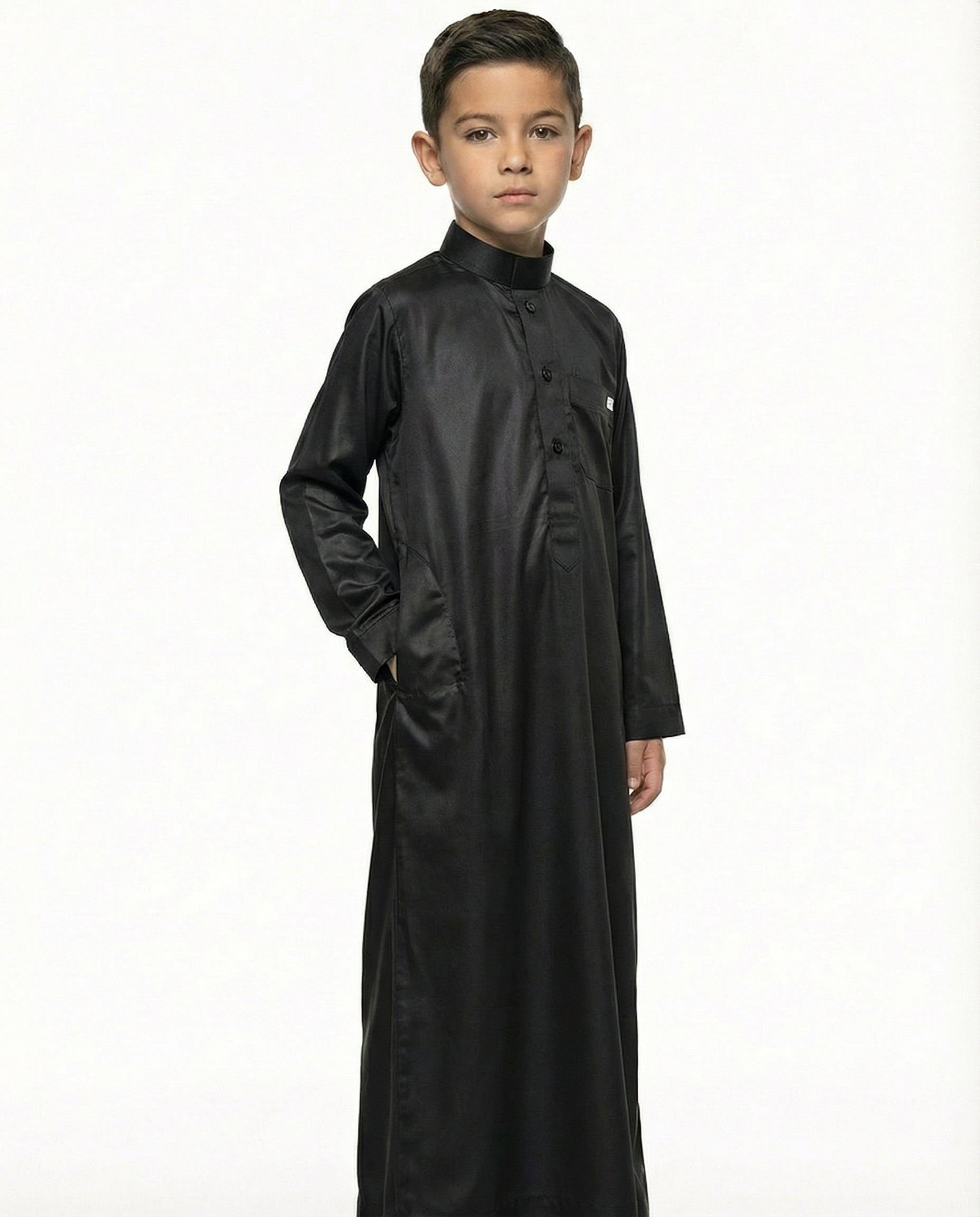 Jet Black Emirati Button Collar Thobe with Metal Pocket Badge