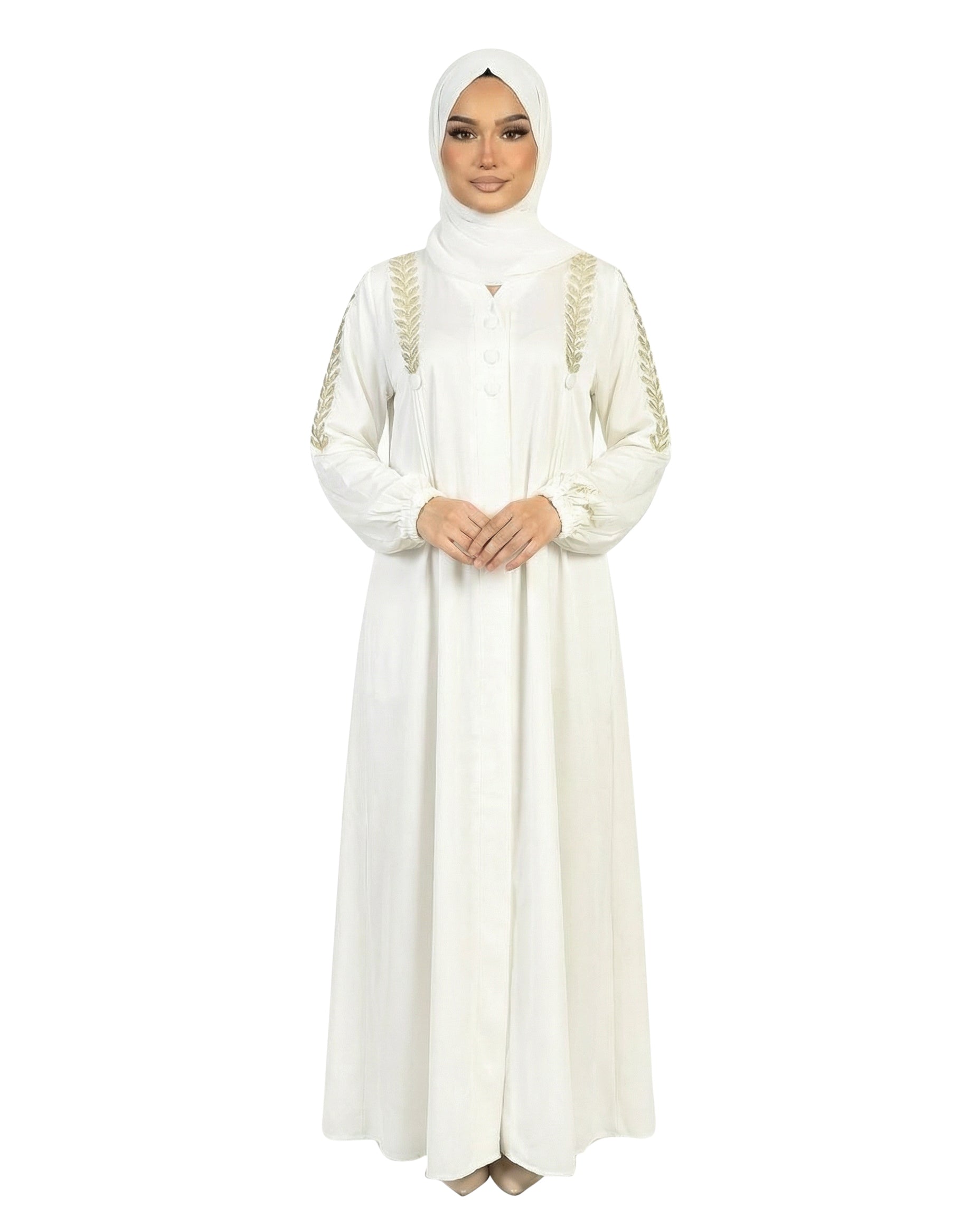 Button Detail Modest Abaya with Braided Trim - Rainy Day