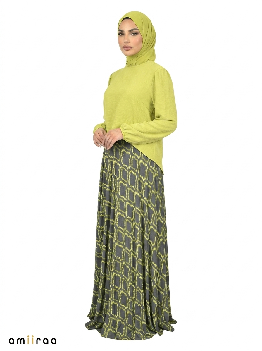 Bright Chartreuse Elegant Geometric Maxi Skirt & Puff Sleeve Top Set