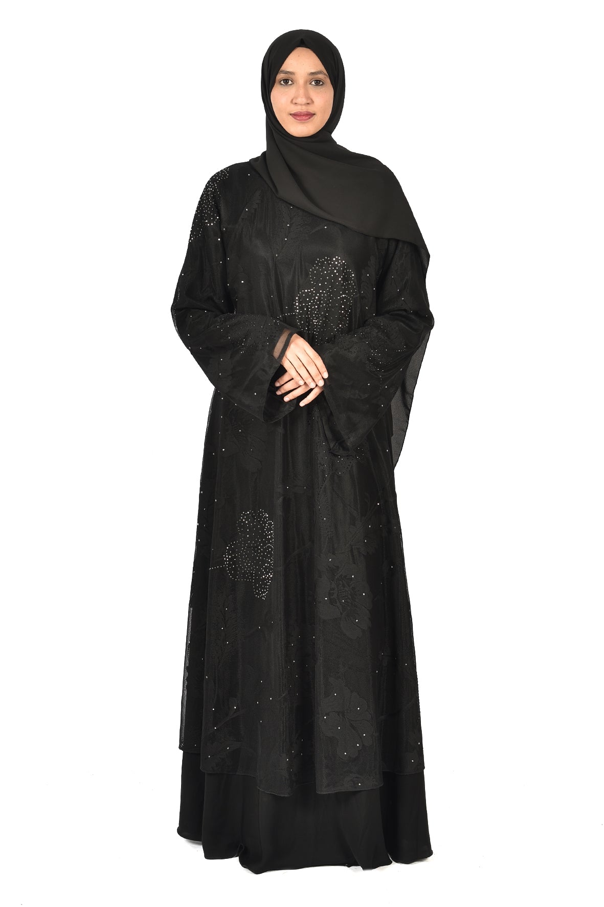 Luxury Black Abaya with Sheer Crystal-Embellished Overlay (ladies abaya )