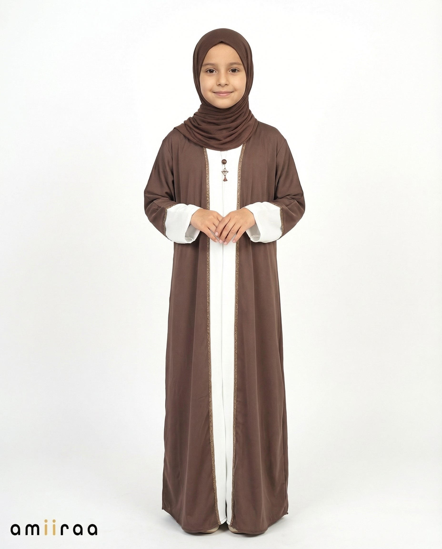 Coffee Quaetz Elegant Open Abaya with Gold Trim Detailing