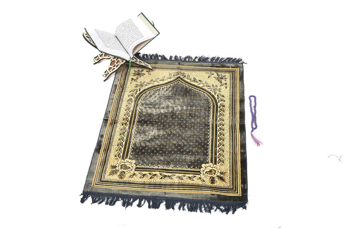 Elegant Prayer Rug – Classic Grey with Golden Floral Embroidery ( musallahs )