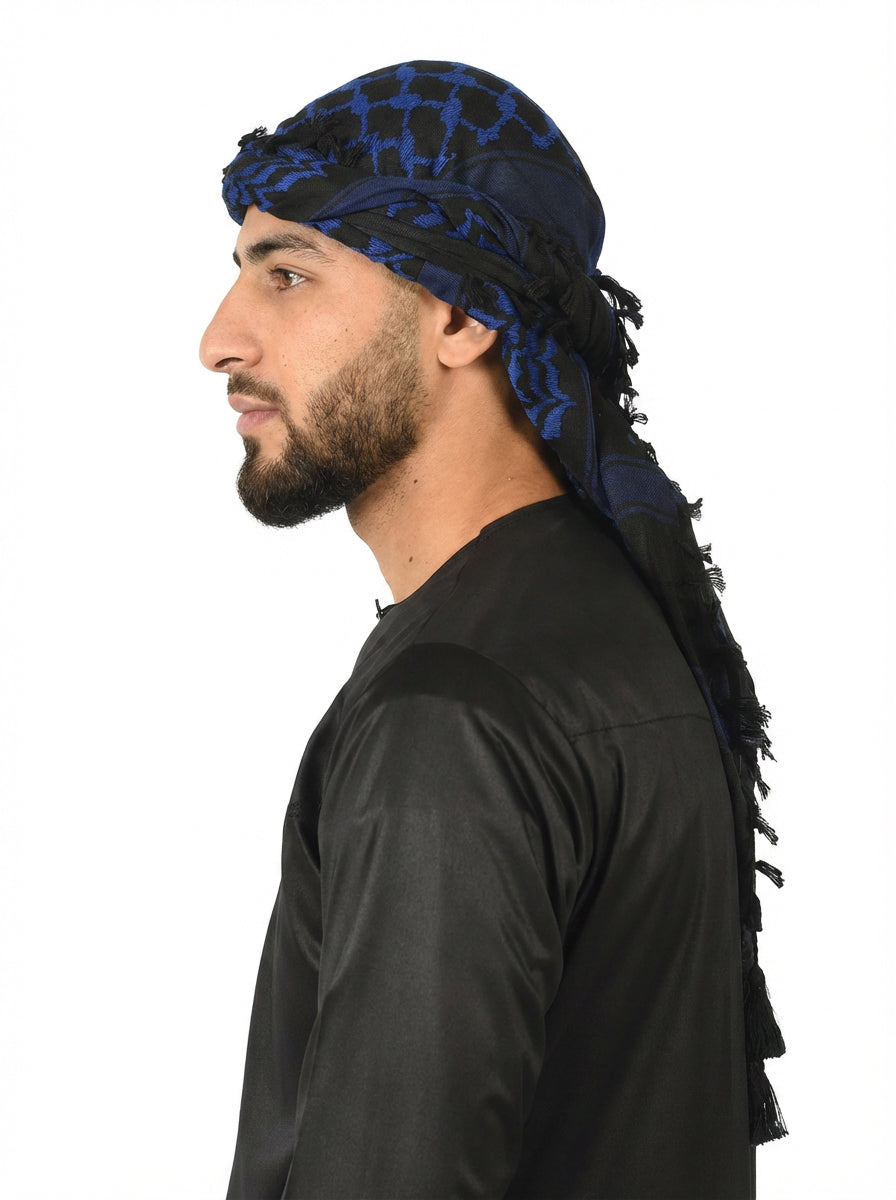 Moroccan Blue Keffiyeh Pattern Tassel Scarf
