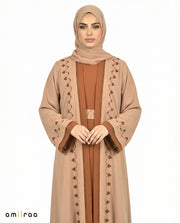Desert Taupe Two-Tone Embroidered Trim Open Abaya