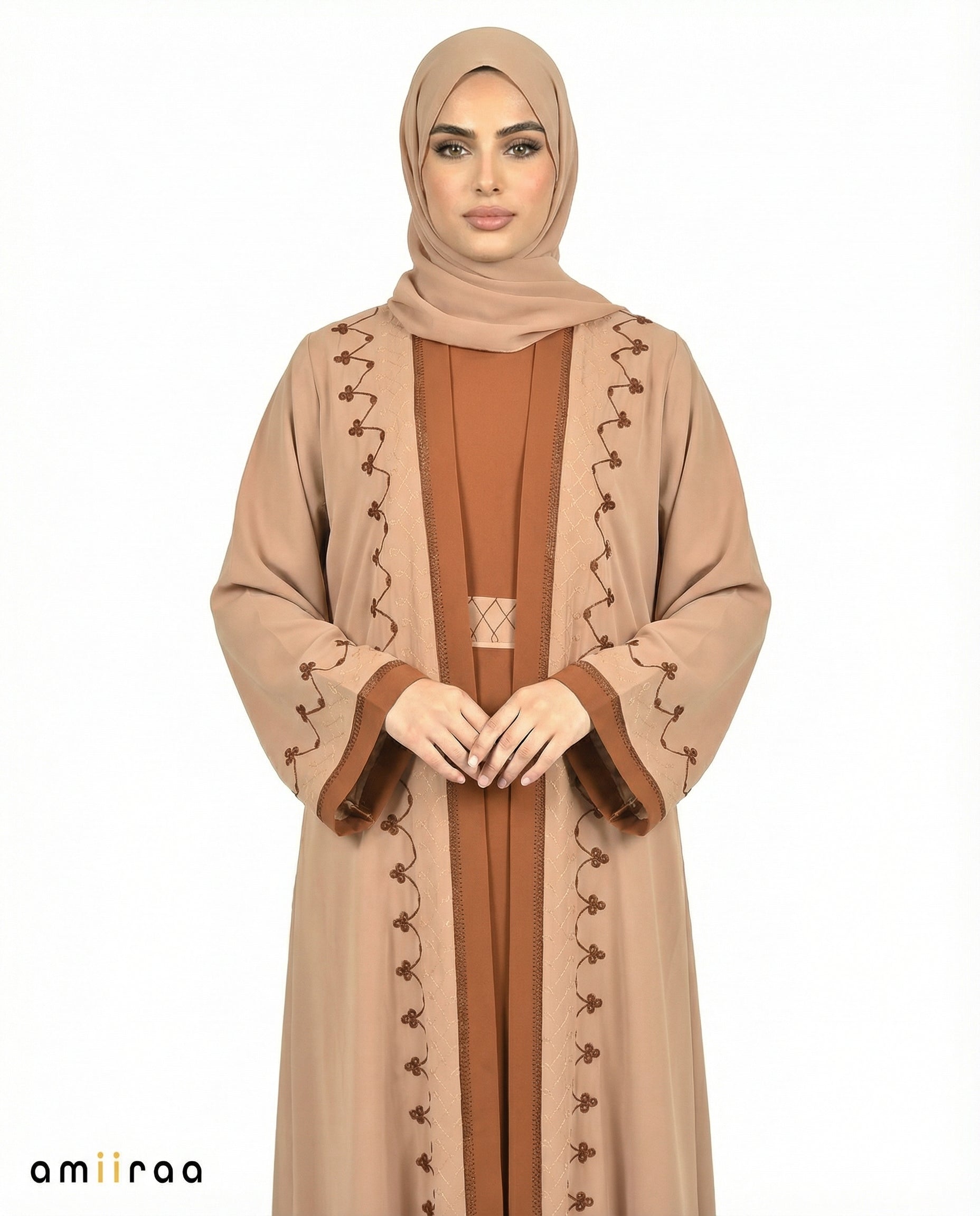 Desert Taupe Two-Tone Embroidered Trim Open Abaya