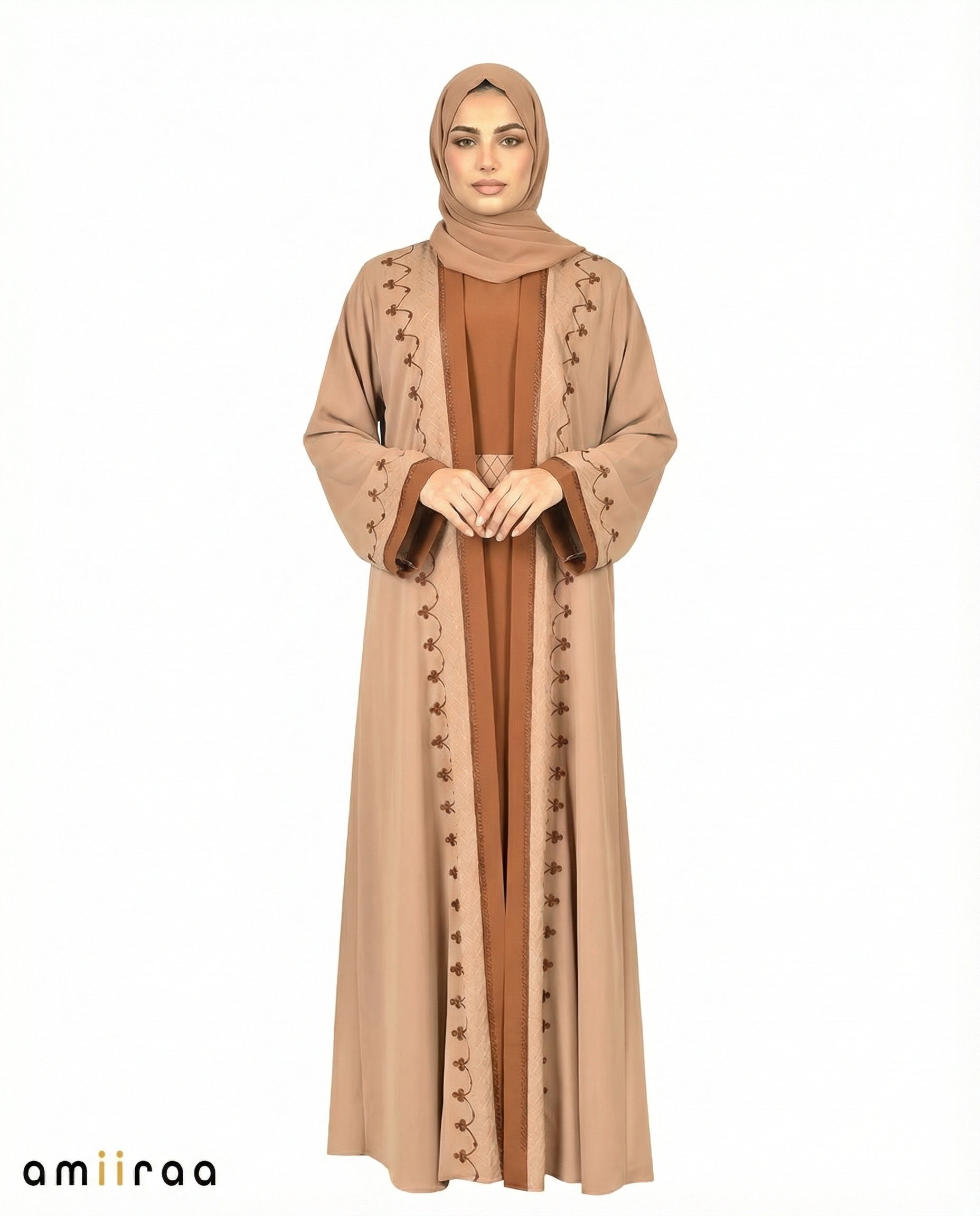 Desert Taupe Two-Tone Embroidered Trim Open Abaya