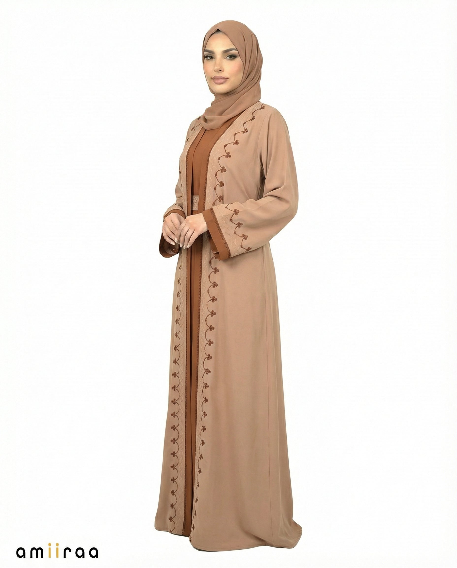 Desert Taupe Two-Tone Embroidered Trim Open Abaya