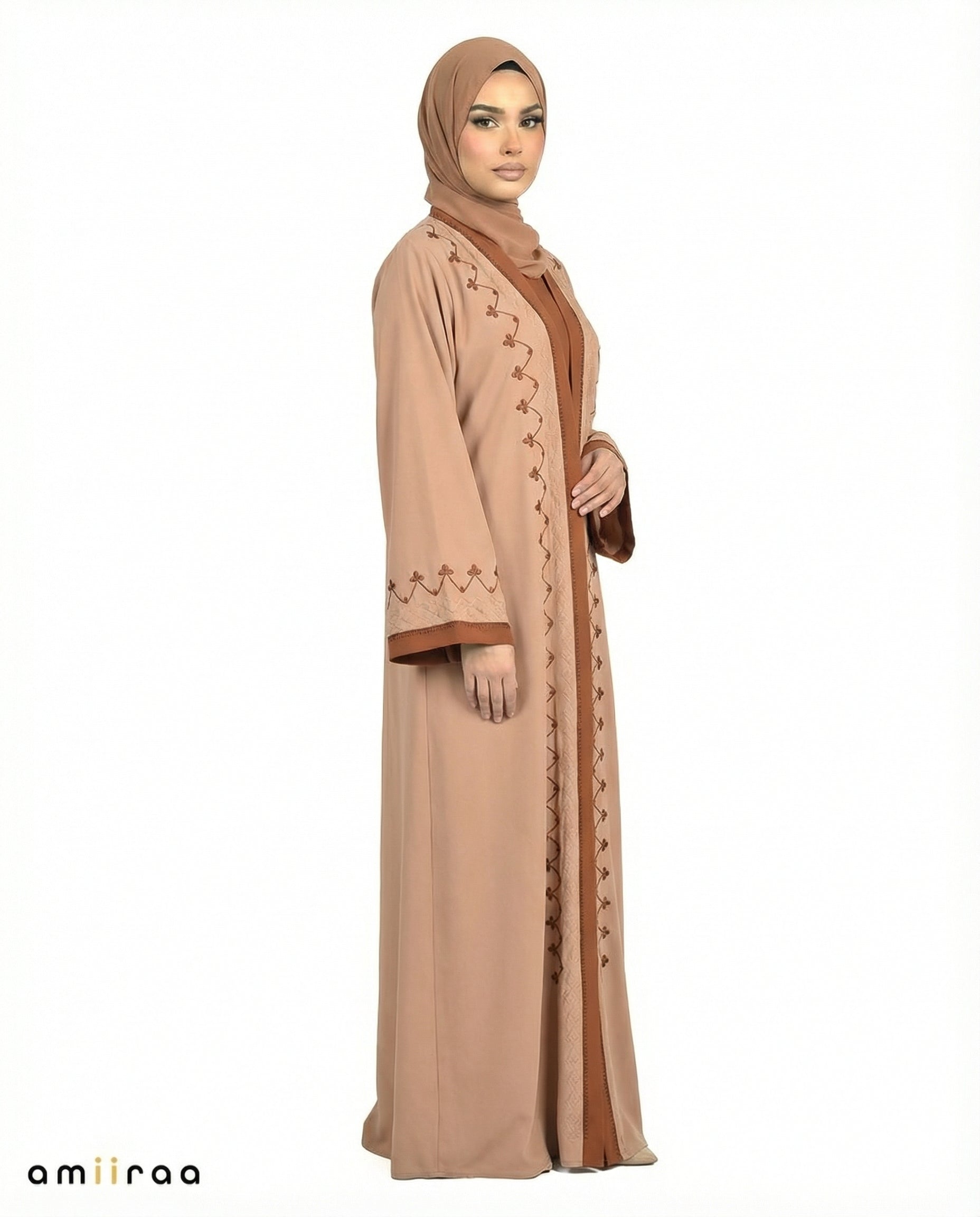 Desert Taupe Two-Tone Embroidered Trim Open Abaya