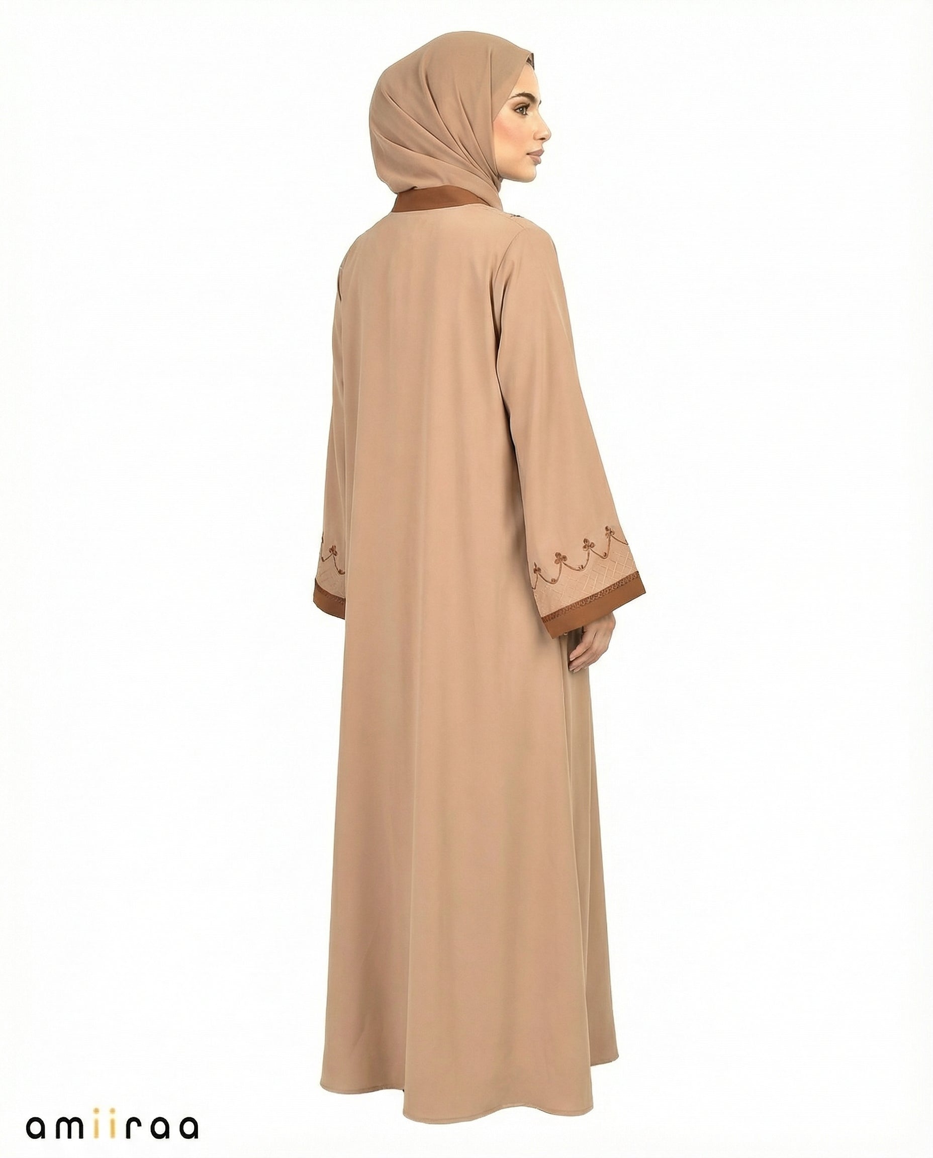 Desert Taupe Two-Tone Embroidered Trim Open Abaya