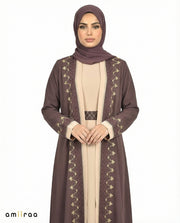 Plum Truffle Two-Tone Embroidered Trim Open Abaya