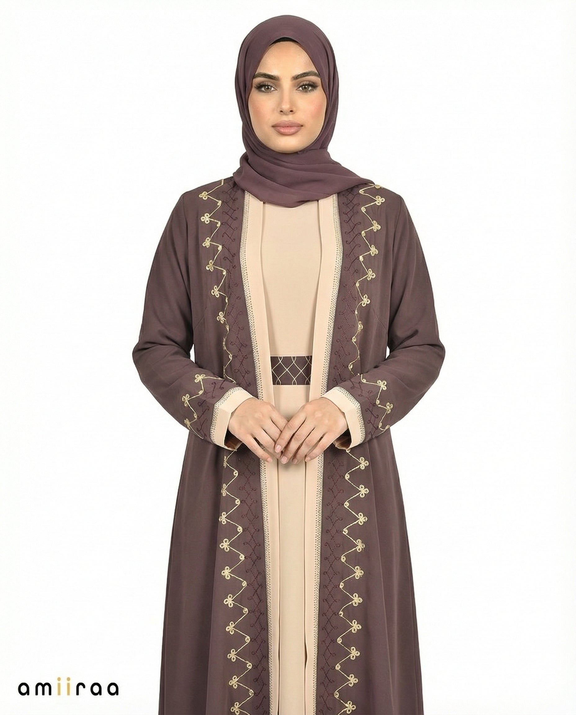 Plum Truffle Two-Tone Embroidered Trim Open Abaya
