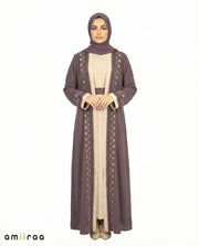 Plum Truffle Two-Tone Embroidered Trim Open Abaya