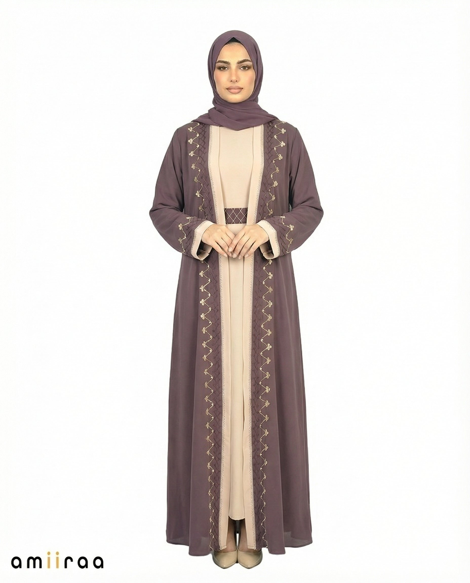 Plum Truffle Two-Tone Embroidered Trim Open Abaya