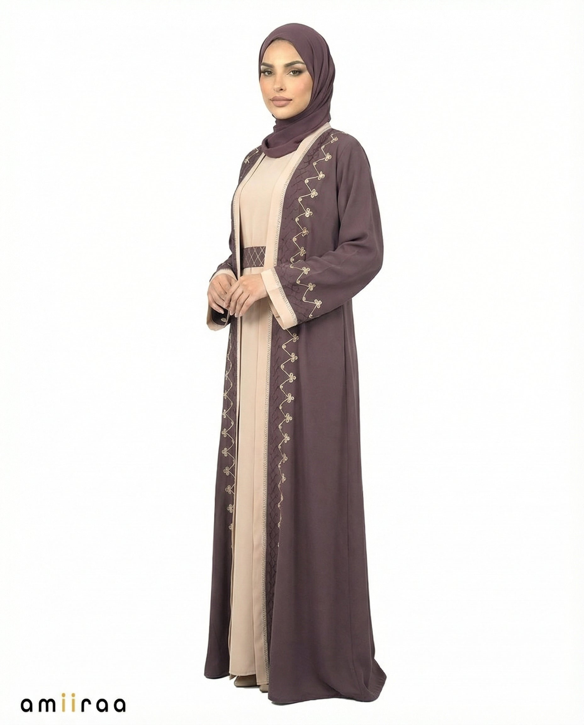 Plum Truffle Two-Tone Embroidered Trim Open Abaya