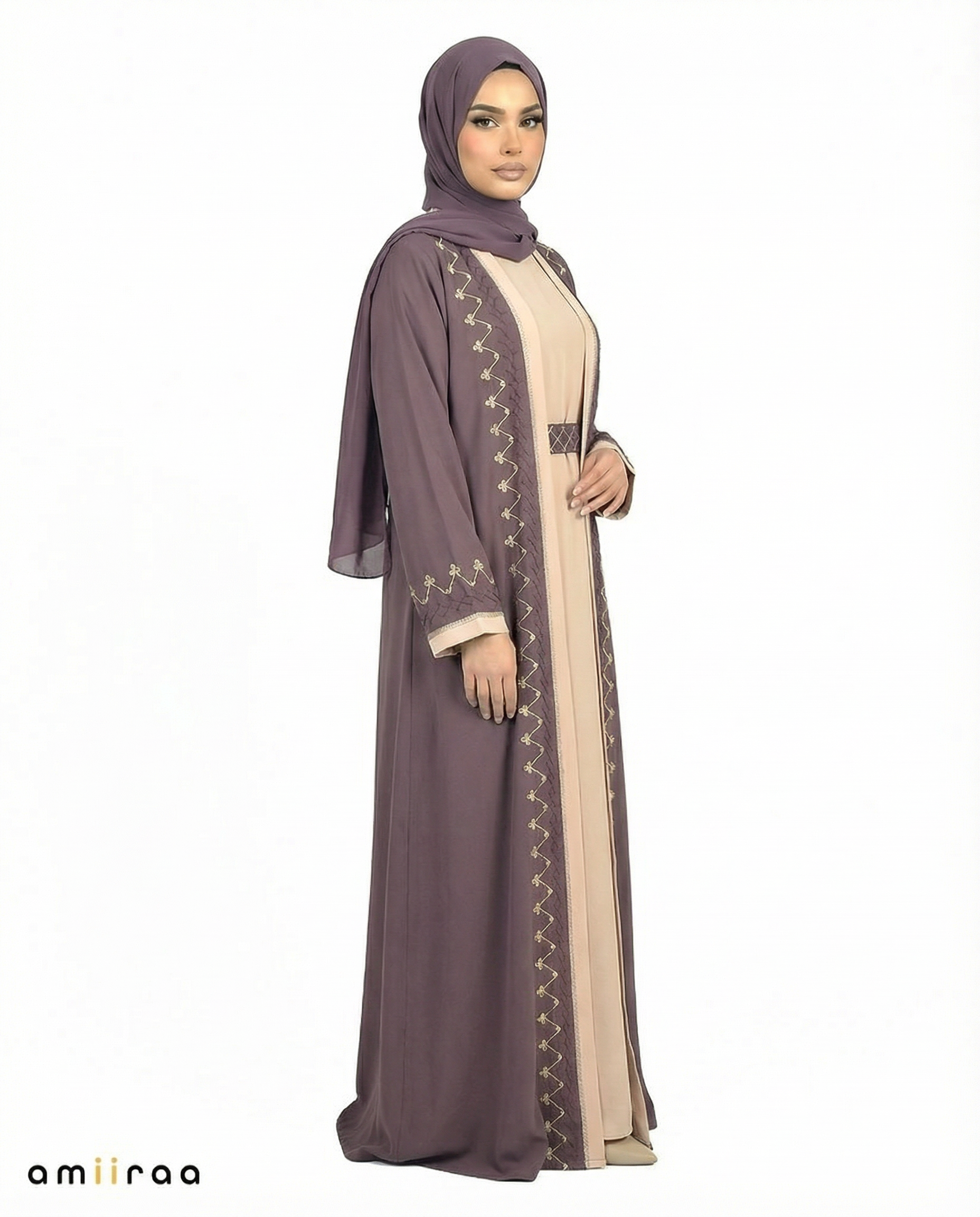 Plum Truffle Two-Tone Embroidered Trim Open Abaya