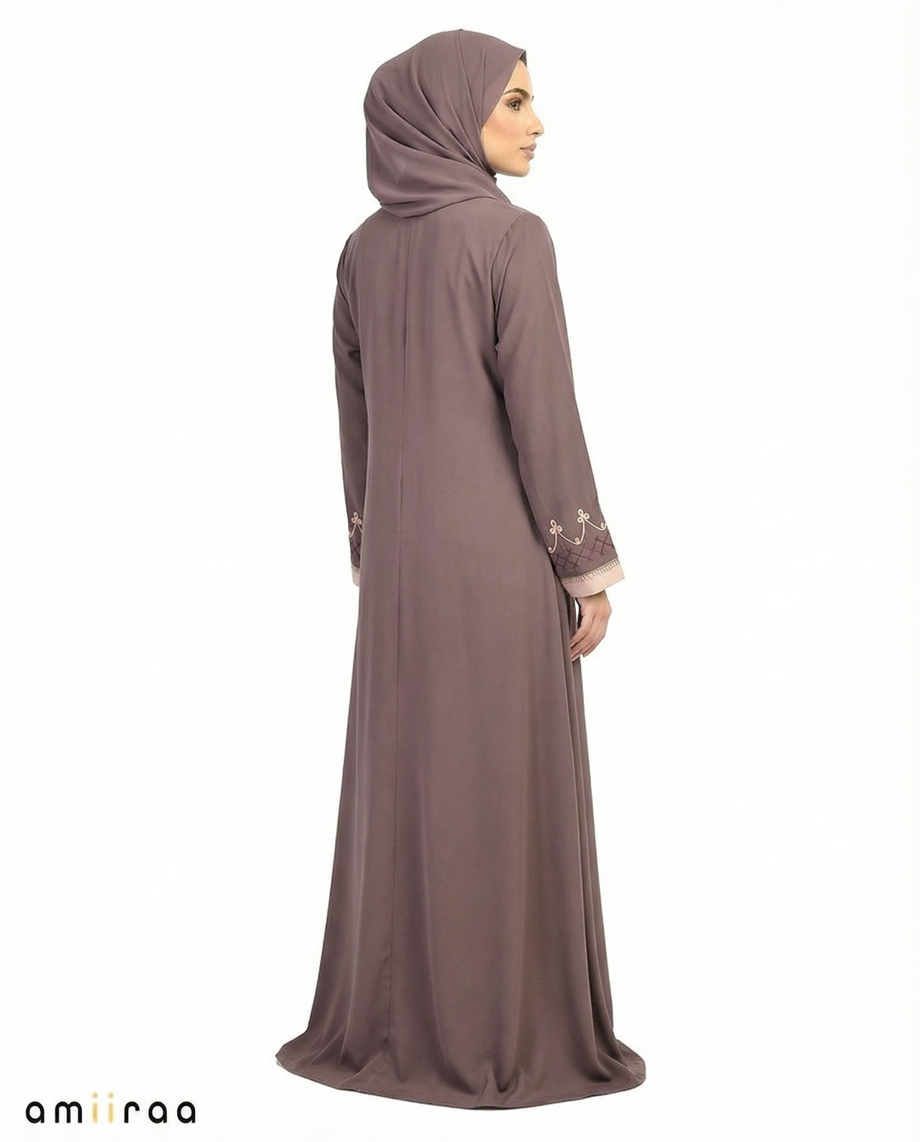 Plum Truffle Two-Tone Embroidered Trim Open Abaya