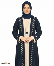 Dark Sapphire Two-Tone Embroidered Trim Open Abaya