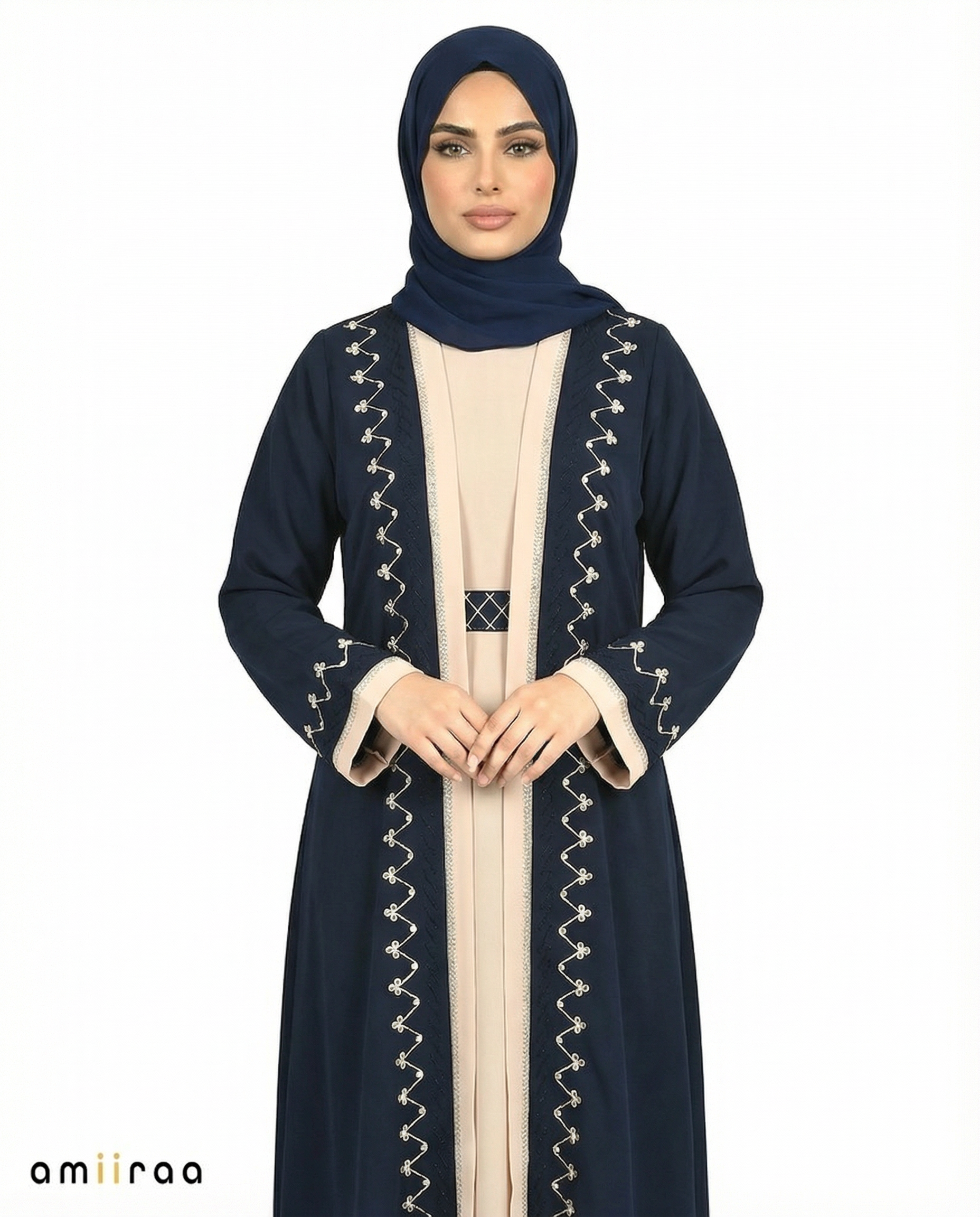 Dark Sapphire Two-Tone Embroidered Trim Open Abaya