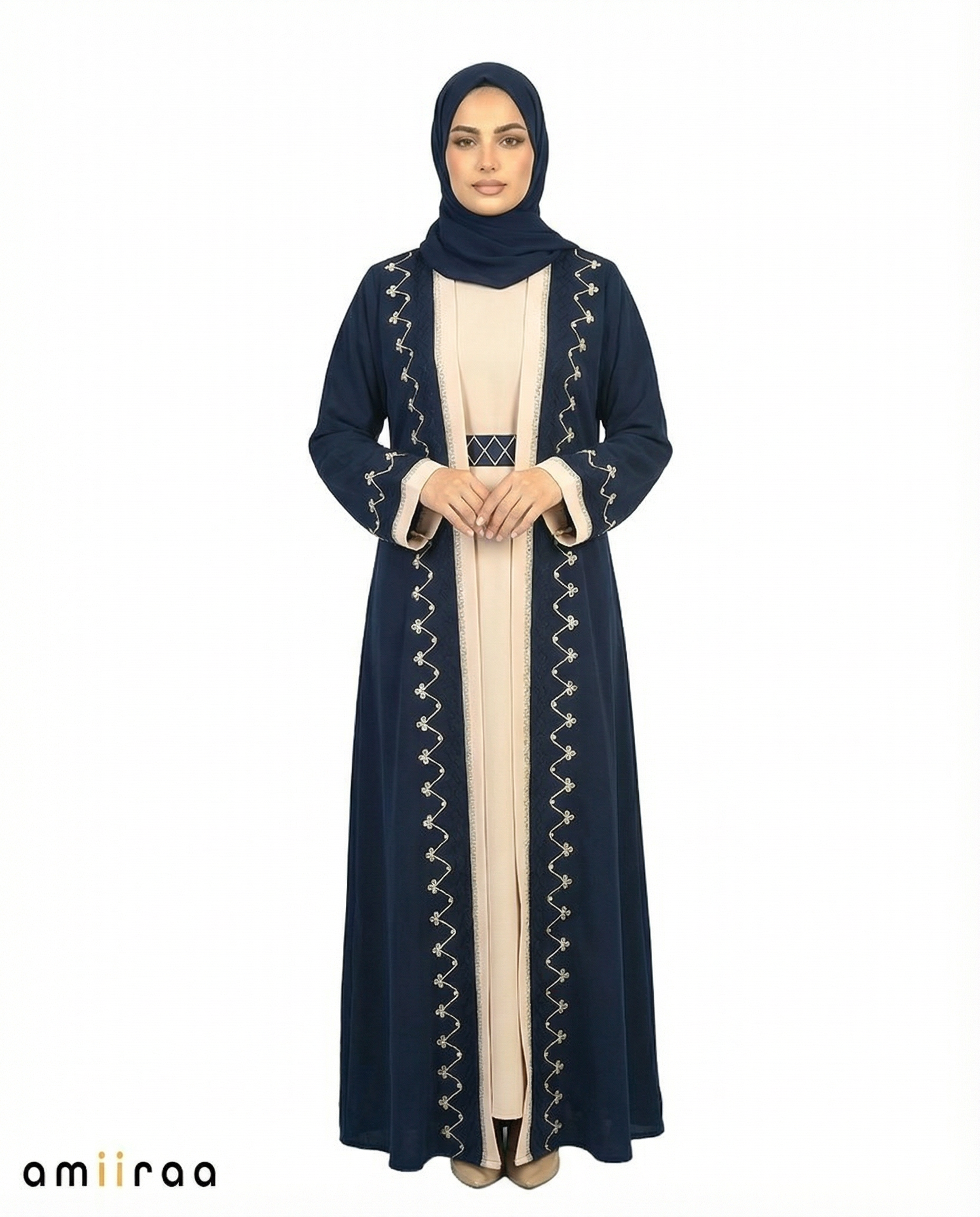 Dark Sapphire Two-Tone Embroidered Trim Open Abaya