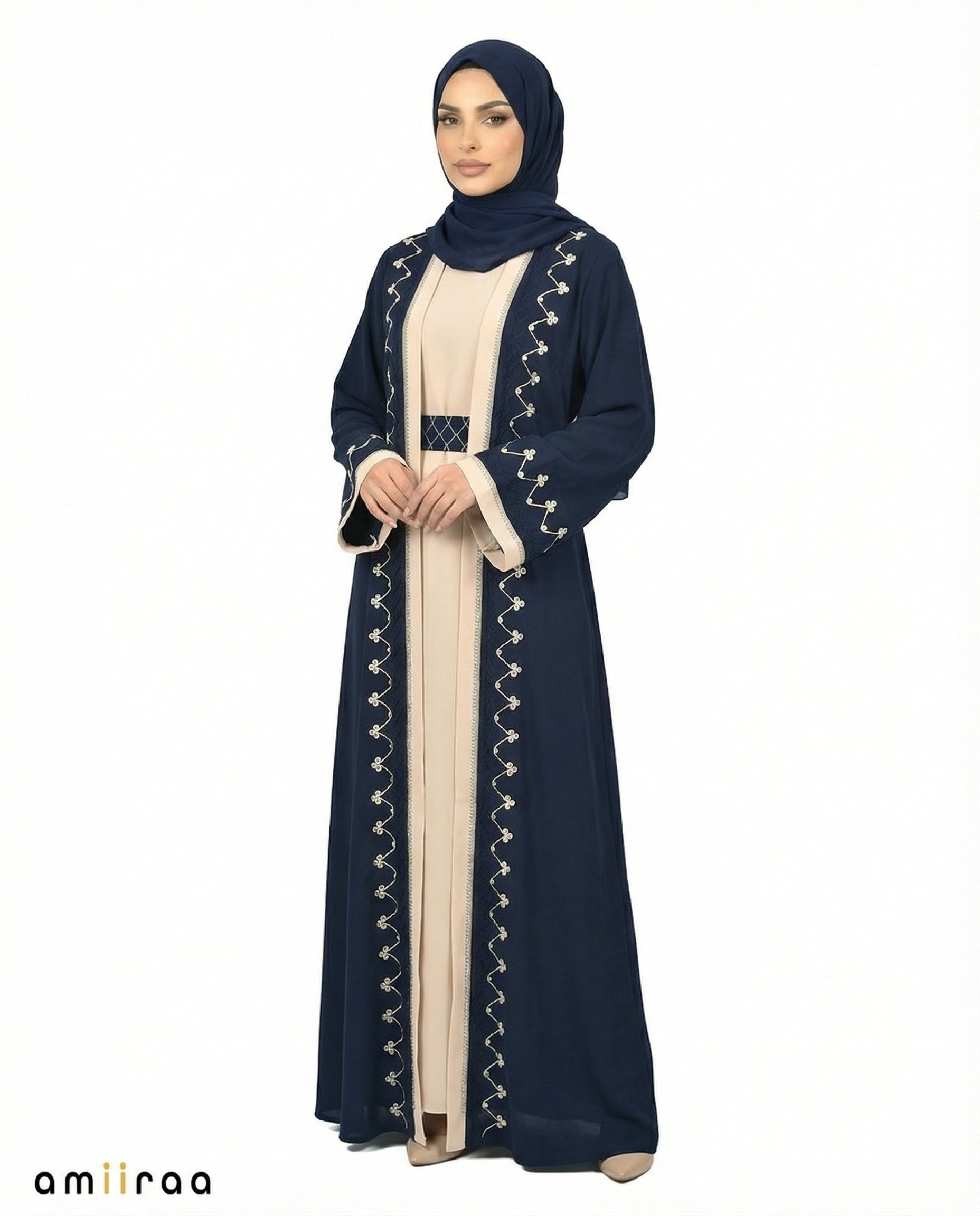Dark Sapphire Two-Tone Embroidered Trim Open Abaya