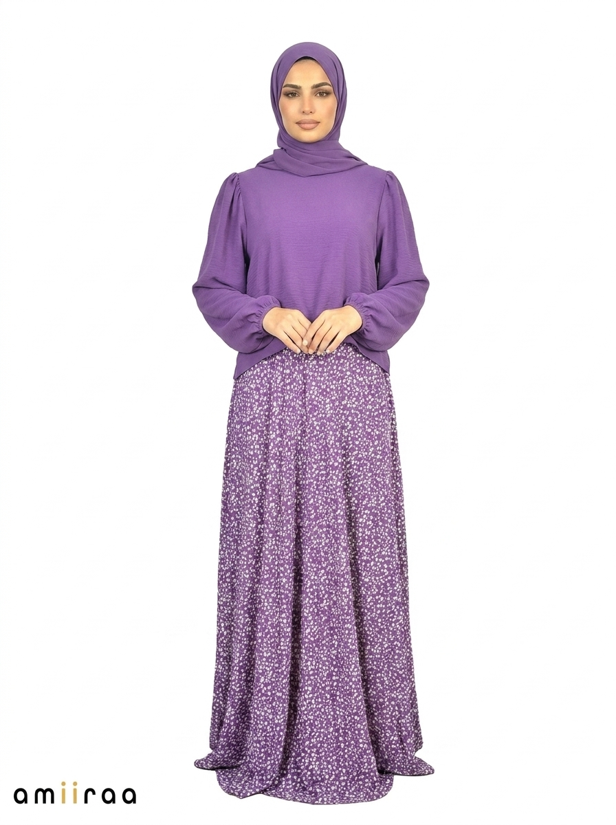 Deep Lavender Elegant Floral Maxi Skirt & Puff Sleeve Top Set