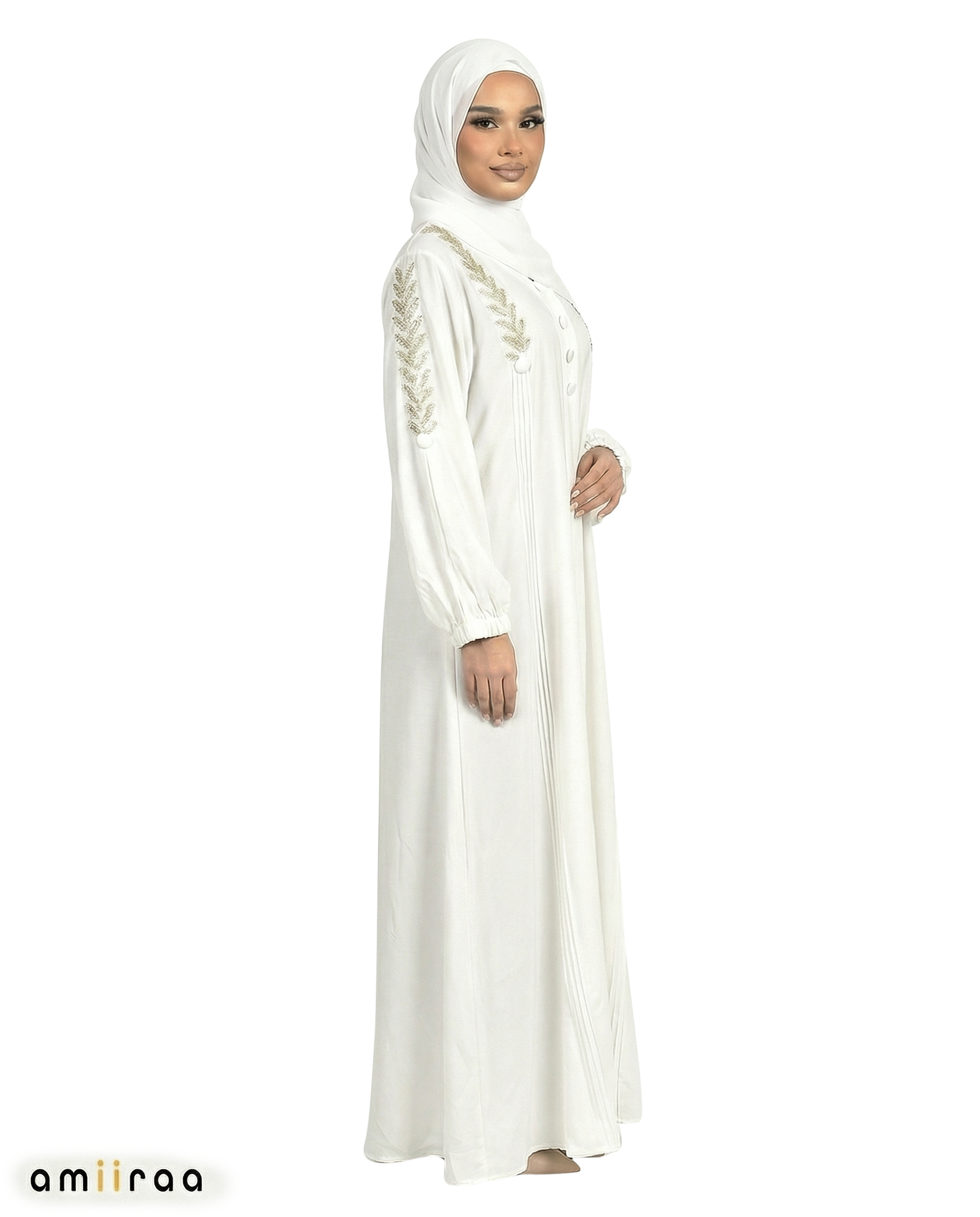 Button Detail Modest Abaya with Braided Trim - Rainy Day