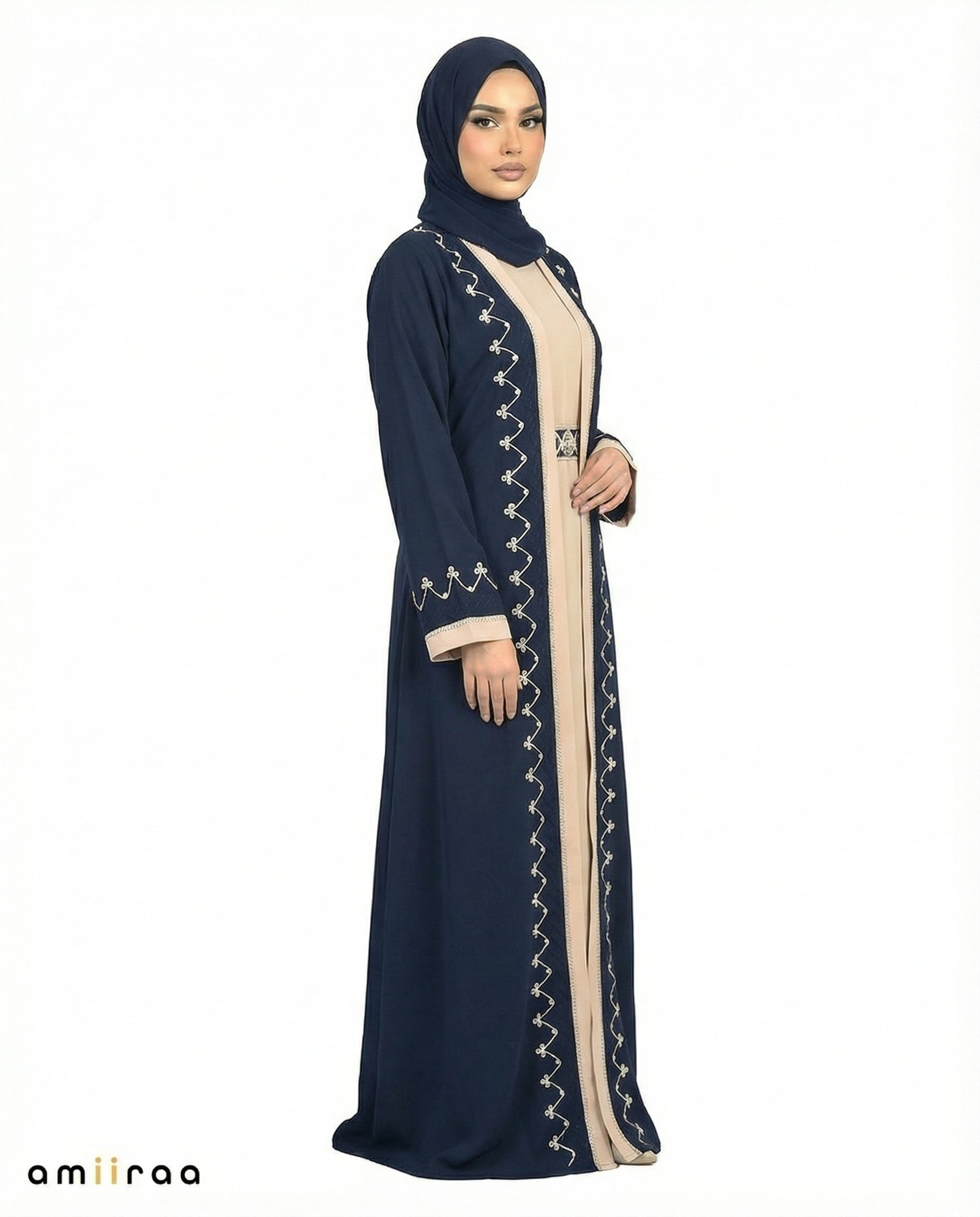 Dark Sapphire Two-Tone Embroidered Trim Open Abaya