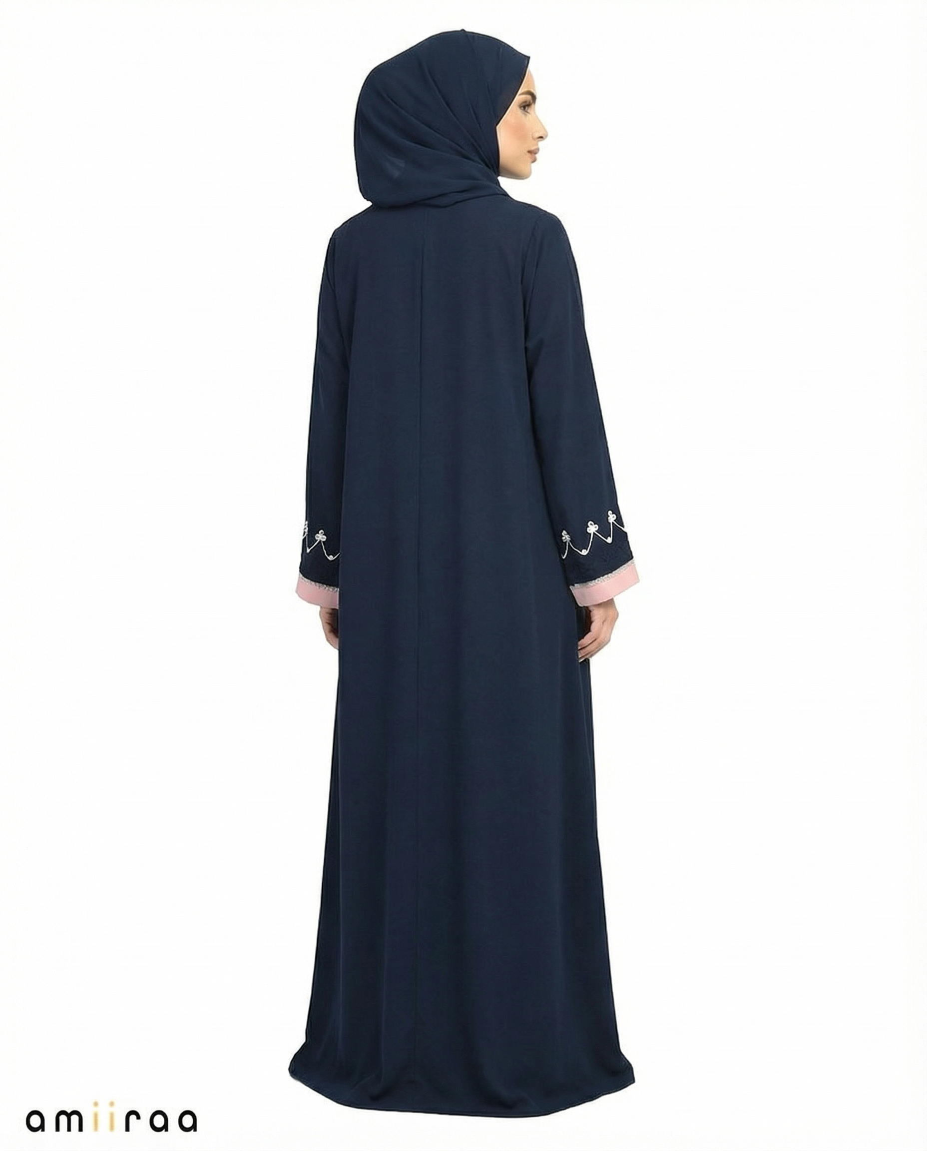 Dark Sapphire Two-Tone Embroidered Trim Open Abaya