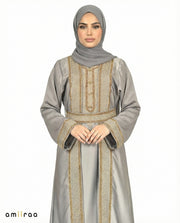 Ebony Regal Gold Embroidered Panel Belted Abaya