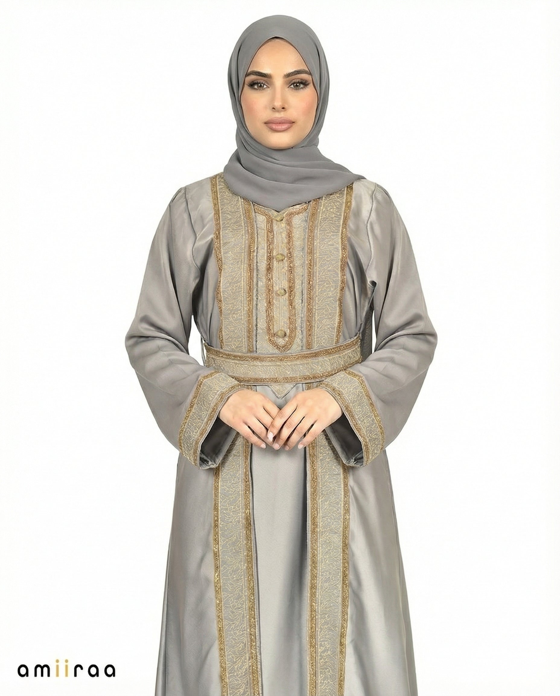 Ebony Regal Gold Embroidered Panel Belted Abaya